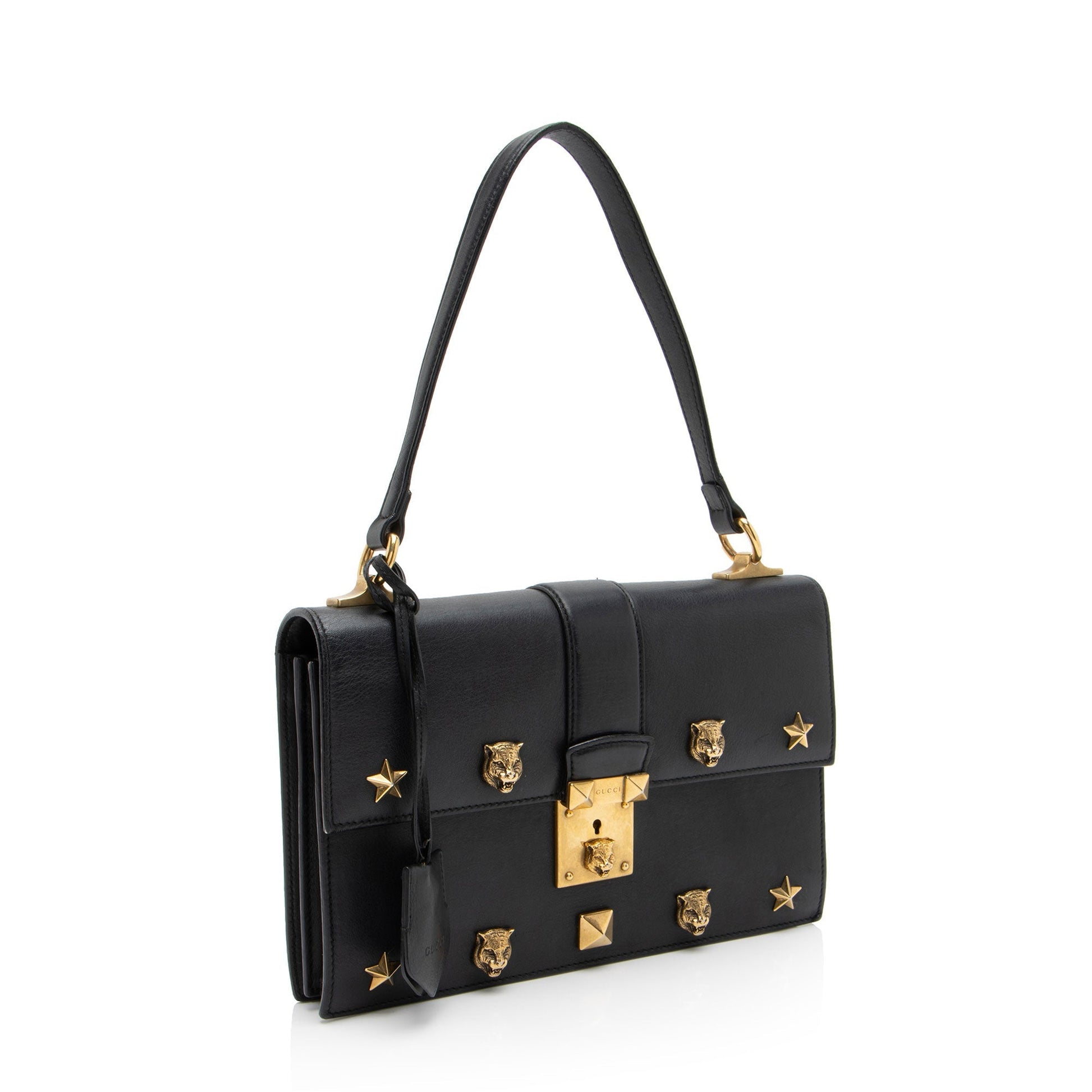 Gucci Cat Lock Calfskin Black Medium Top Handle Satchel Bag
