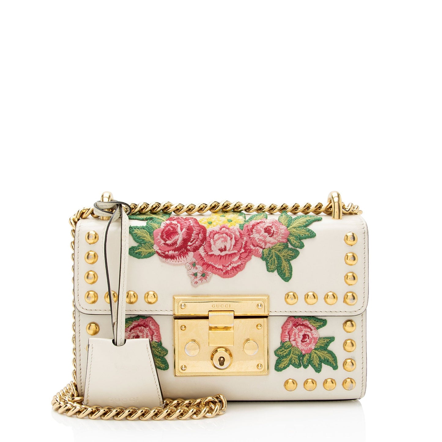 Gucci Floral Studded Padlock SHF-XfBq3s Calfskin White Small Crossbody Bag