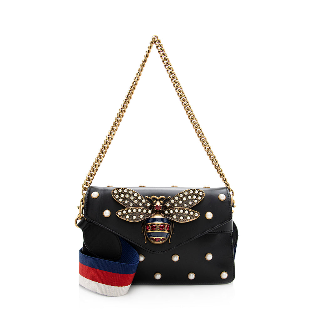 Gucci Pearl Bee Broadway SHF Nylon Calfskin Black Mini Crossbody Bag