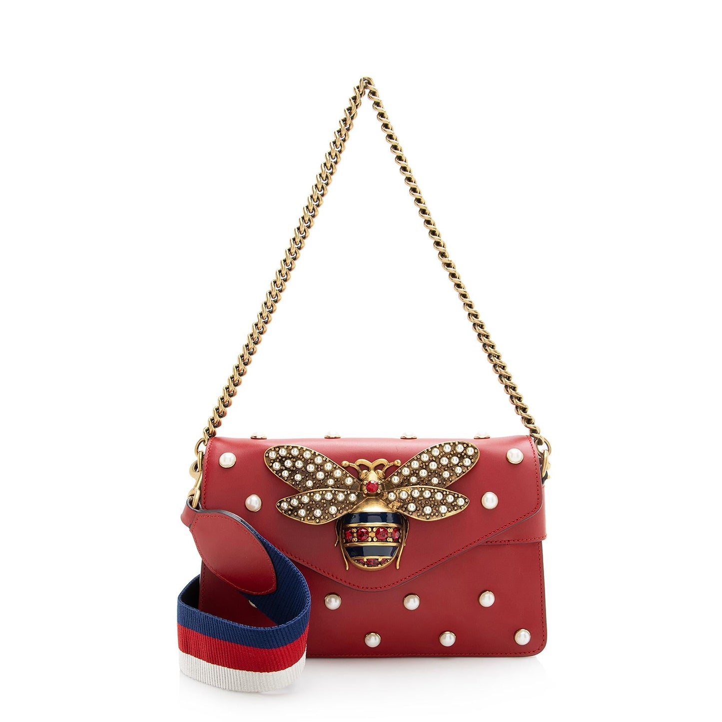 Gucci Pearl Bee Broadway SHF Nylon Calfskin Red Mini Crossbody Bag