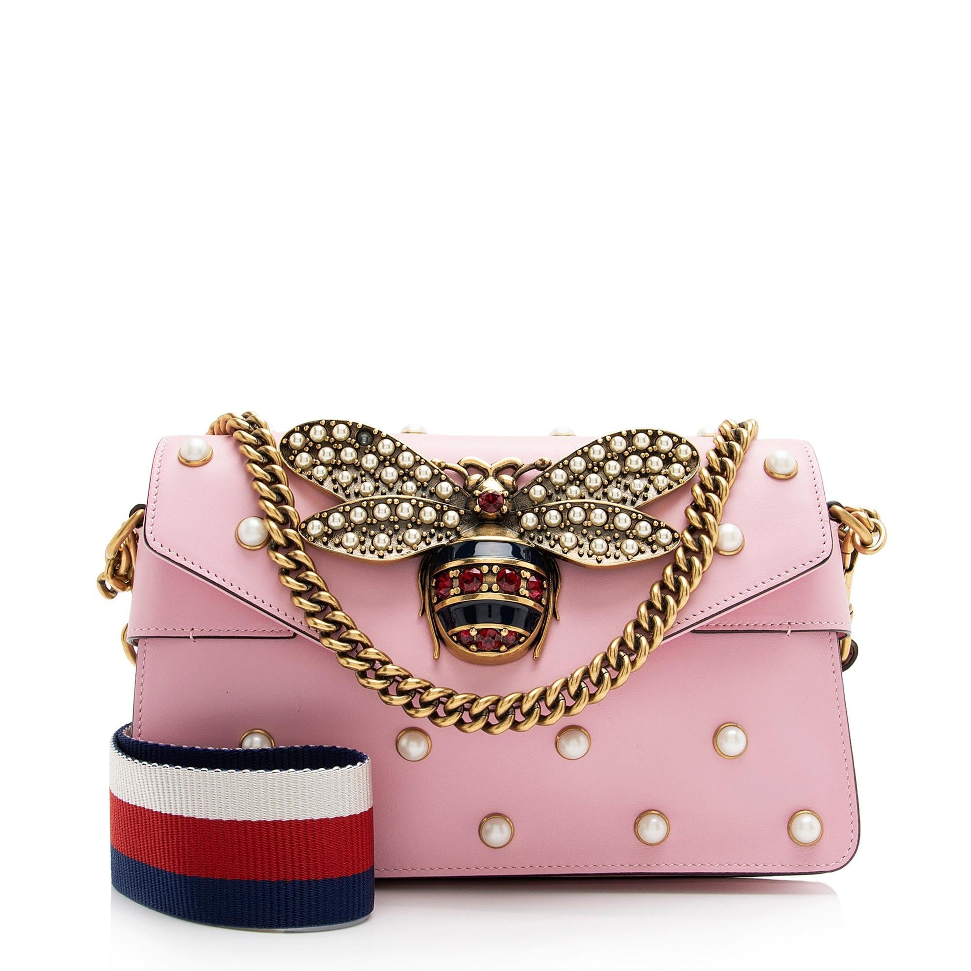 Gucci Pearl Bee Broadway SHF Nylon Calfskin Pink Mini Crossbody Bag