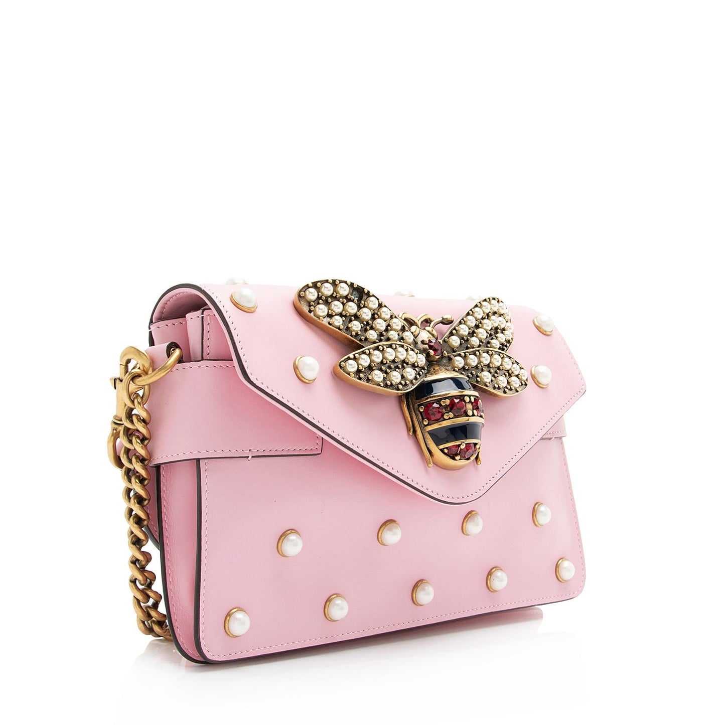 Gucci Pearl Bee Broadway SHF Nylon Calfskin Pink Mini Crossbody Bag