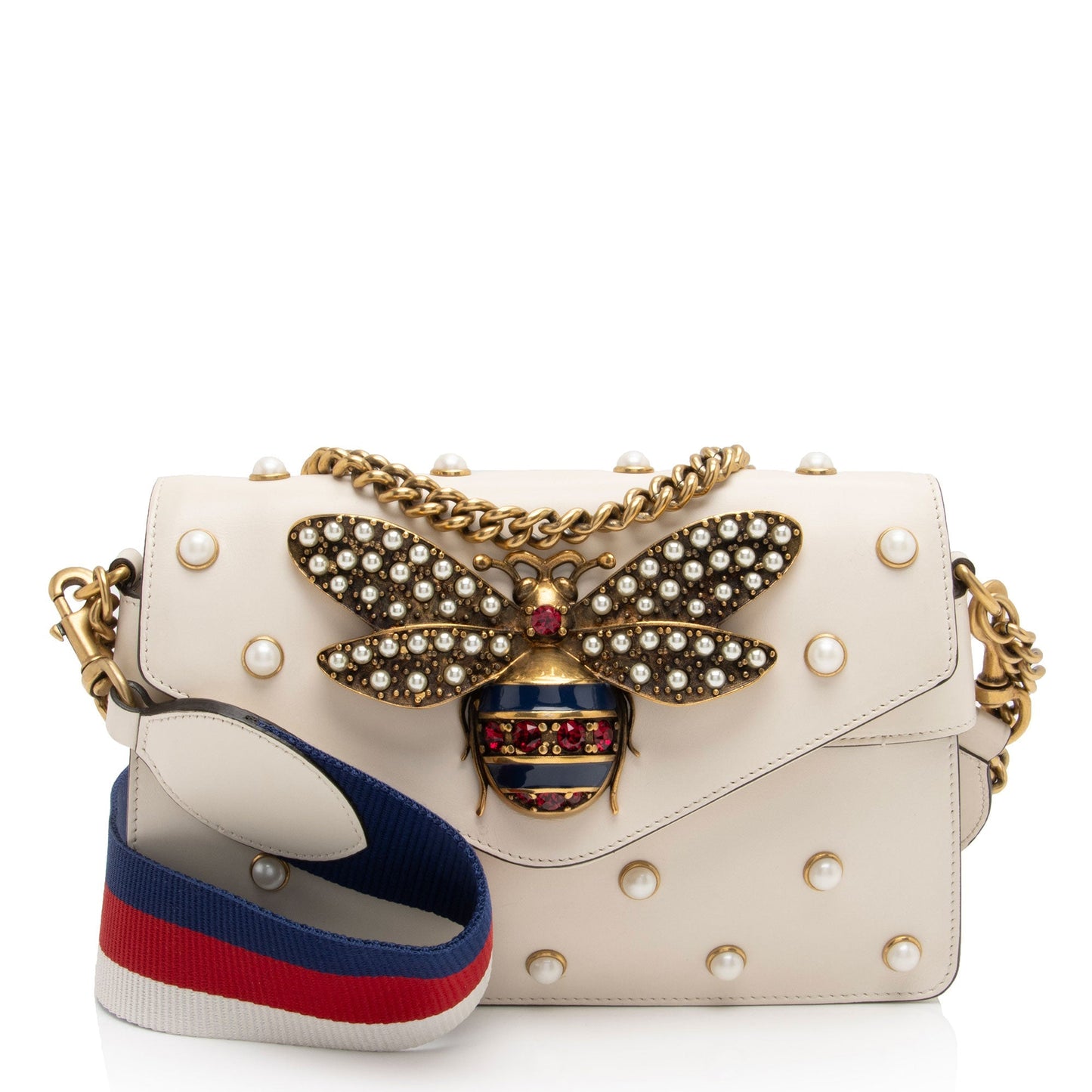 Gucci Pearl Bee Broadway SHF-vh1WnC Nylon Calfskin White Mini Crossbody Bag