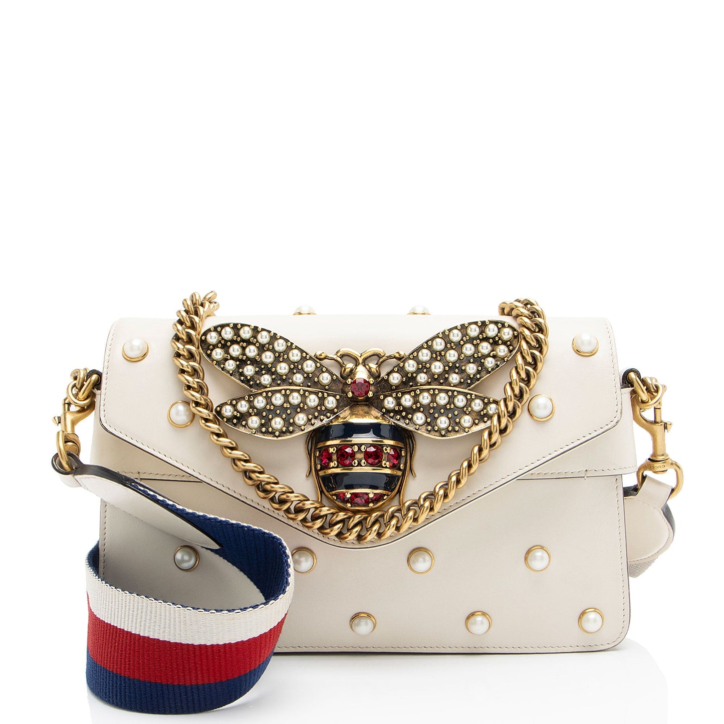 Gucci Pearl Bee Broadway Nylon Calfskin White Mini Crossbody Bag