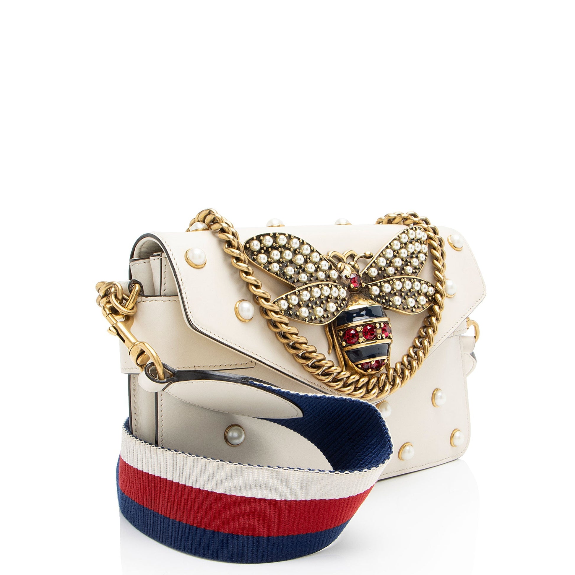 Gucci Pearl Bee Broadway Nylon Calfskin White Mini Crossbody Bag