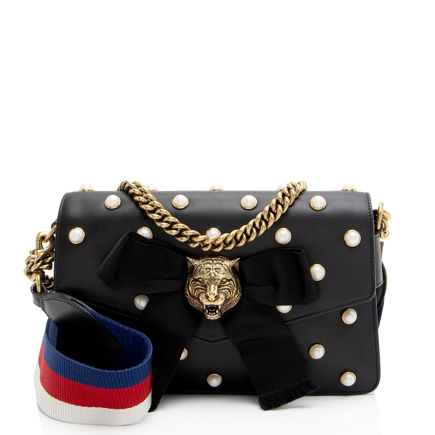 Gucci Pearl Tiger Broadway Nylon Calfskin Black White Crossbody Bag