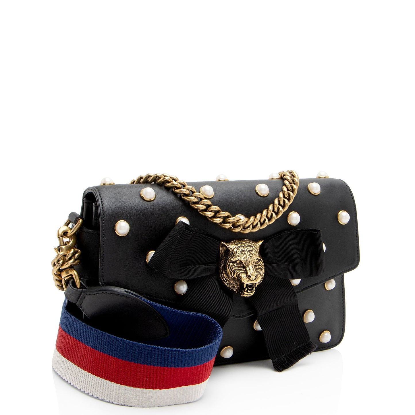 Gucci Pearl Tiger Broadway Nylon Calfskin Black White Crossbody Bag