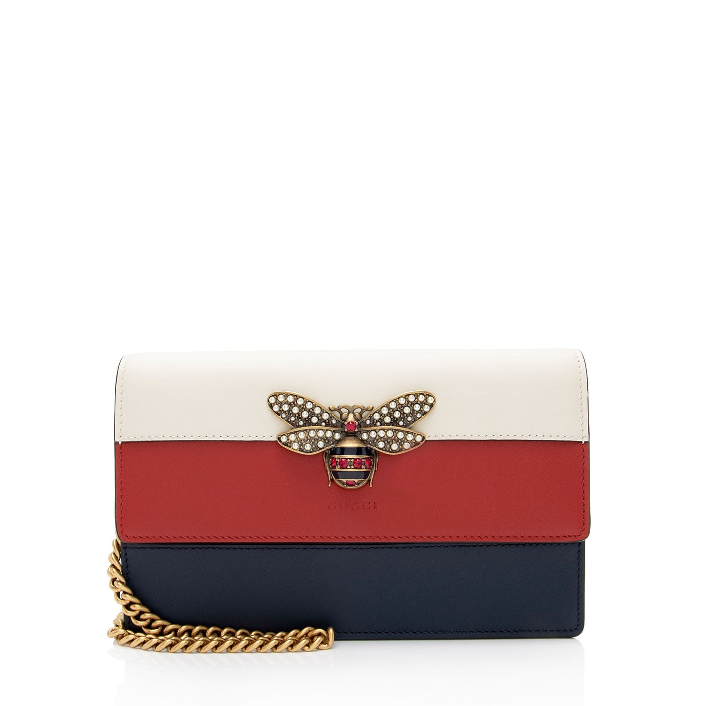 Gucci Queen Margaret Wallet on Chain Calfskin White Blue Red Crossbody Bag Shf Xxvjvv