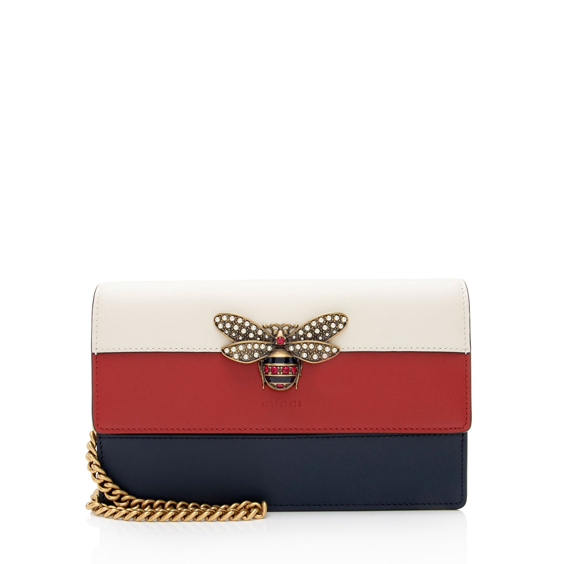Gucci Queen Margaret Wallet on Chain Calfskin White Blue Red Crossbody Bag Shf Xxvjvv