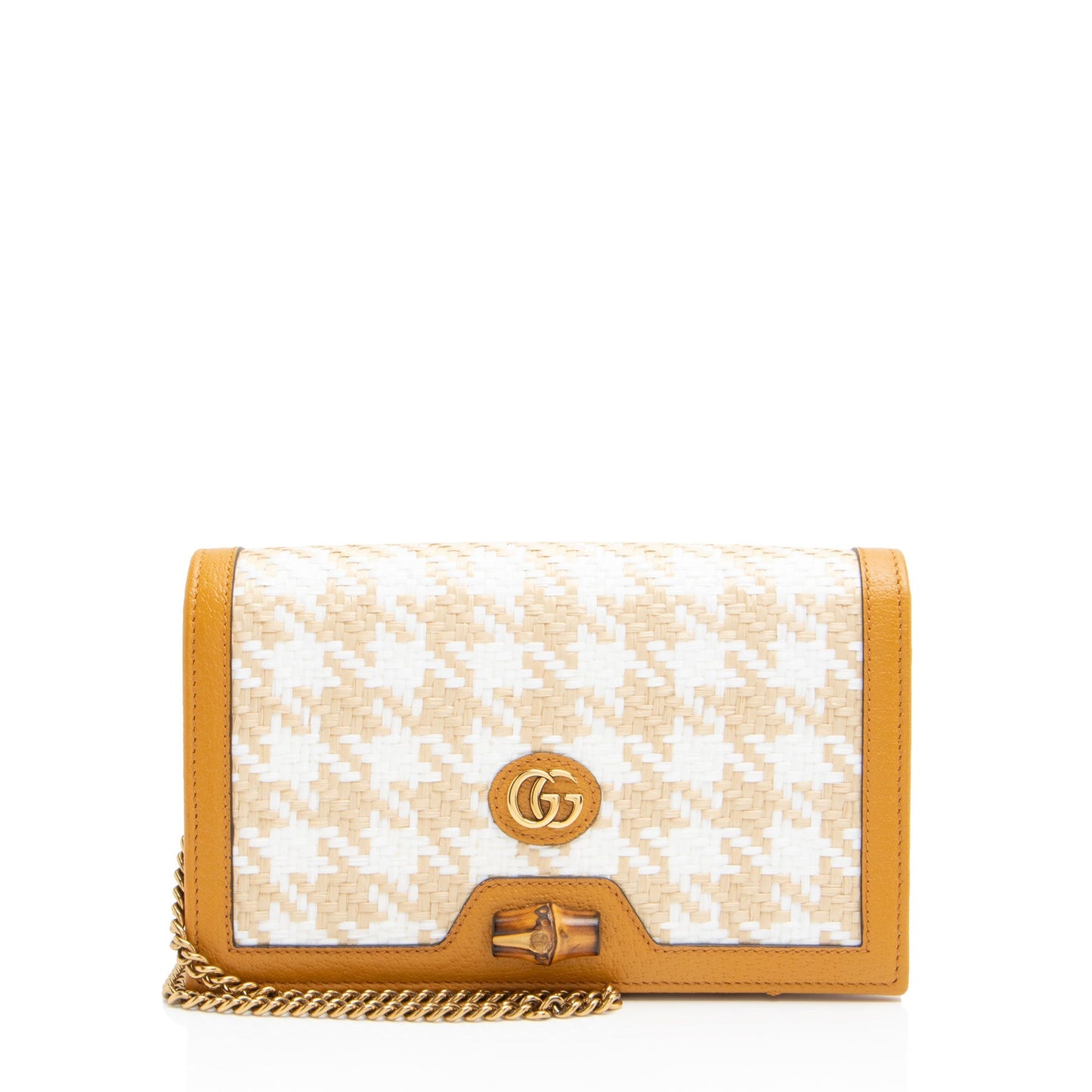 Gucci Bamboo Diana Chain Raffia Calfskin White Beige Crossbody Bag