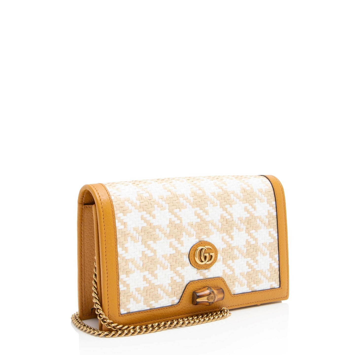 Gucci Bamboo Diana Chain Raffia Calfskin White Beige Crossbody Bag