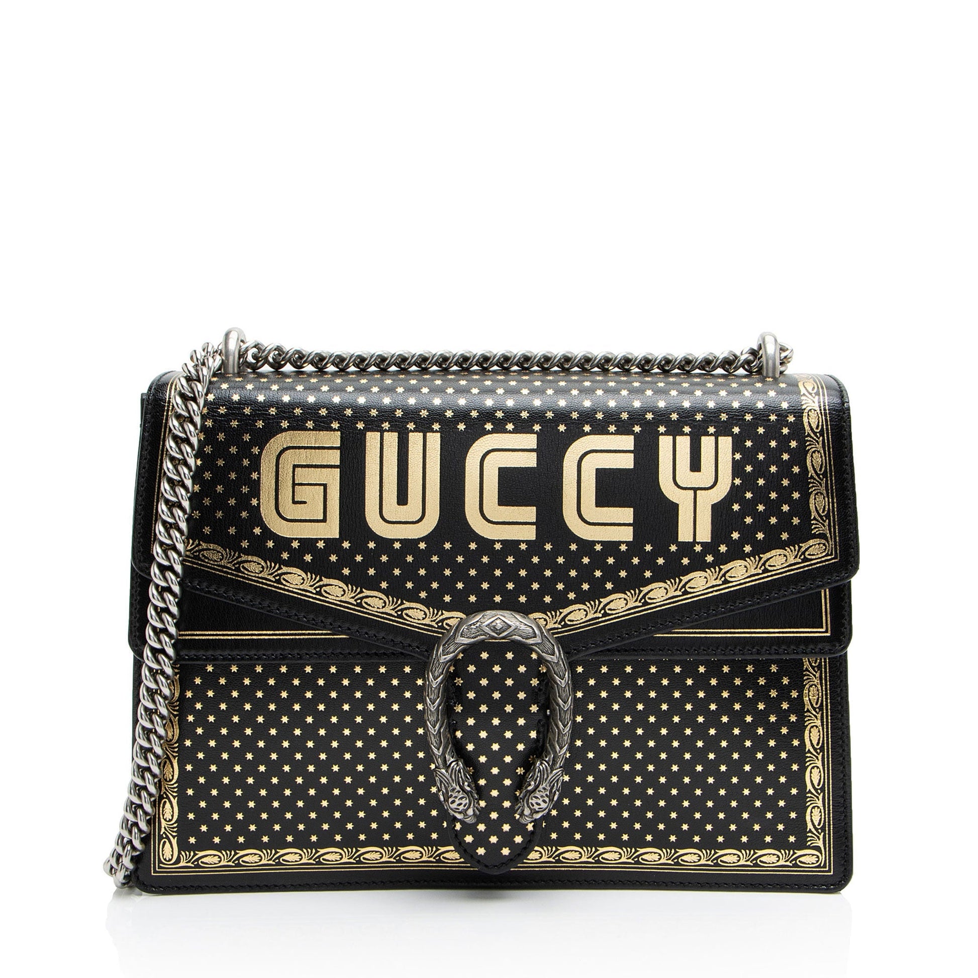 Gucci Star Print Guccy Dionysus Calfskin Black Gold Medium Shoulder Bag