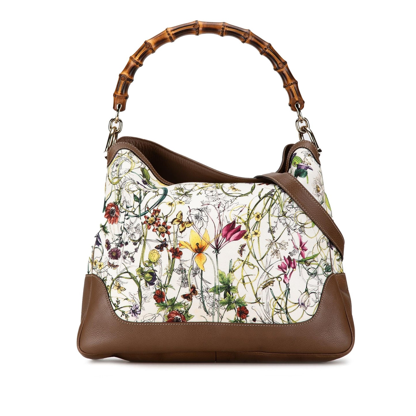 Gucci Bamboo Flora Diana SHG-8uP6Jf Canvas Calf White Satchel Bag