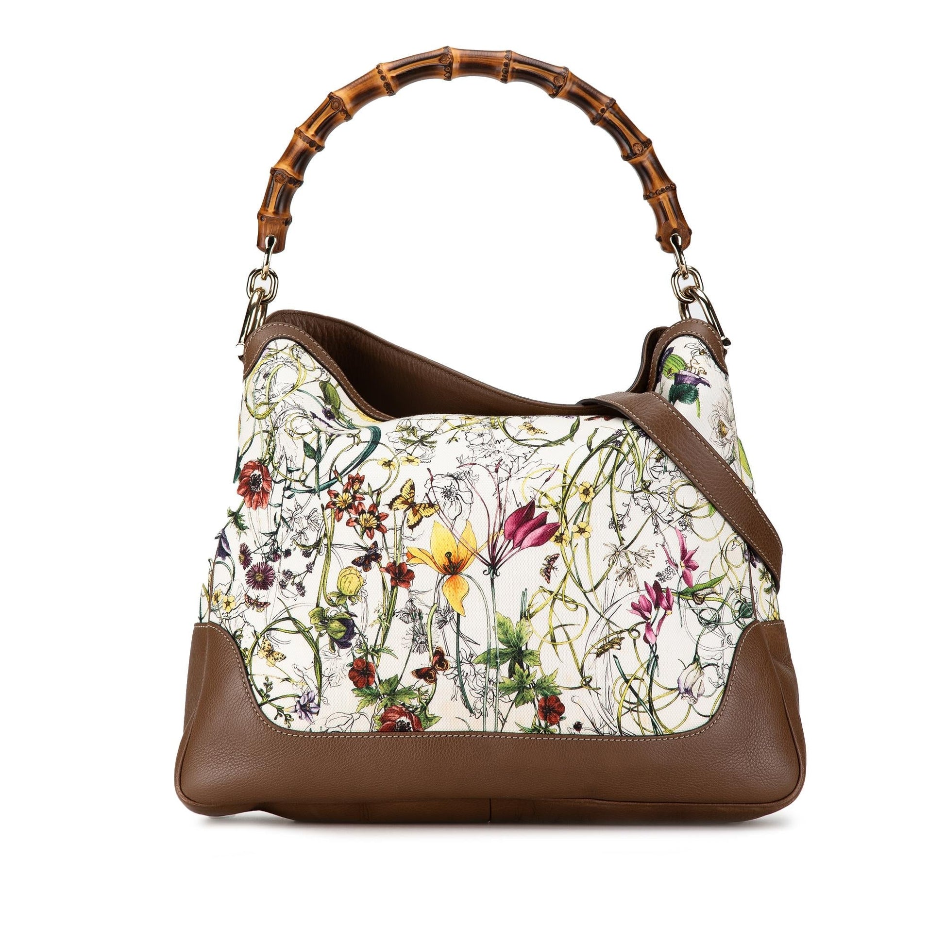 Gucci Bamboo Flora Diana SHG-8uP6Jf Canvas Calf White Satchel Bag