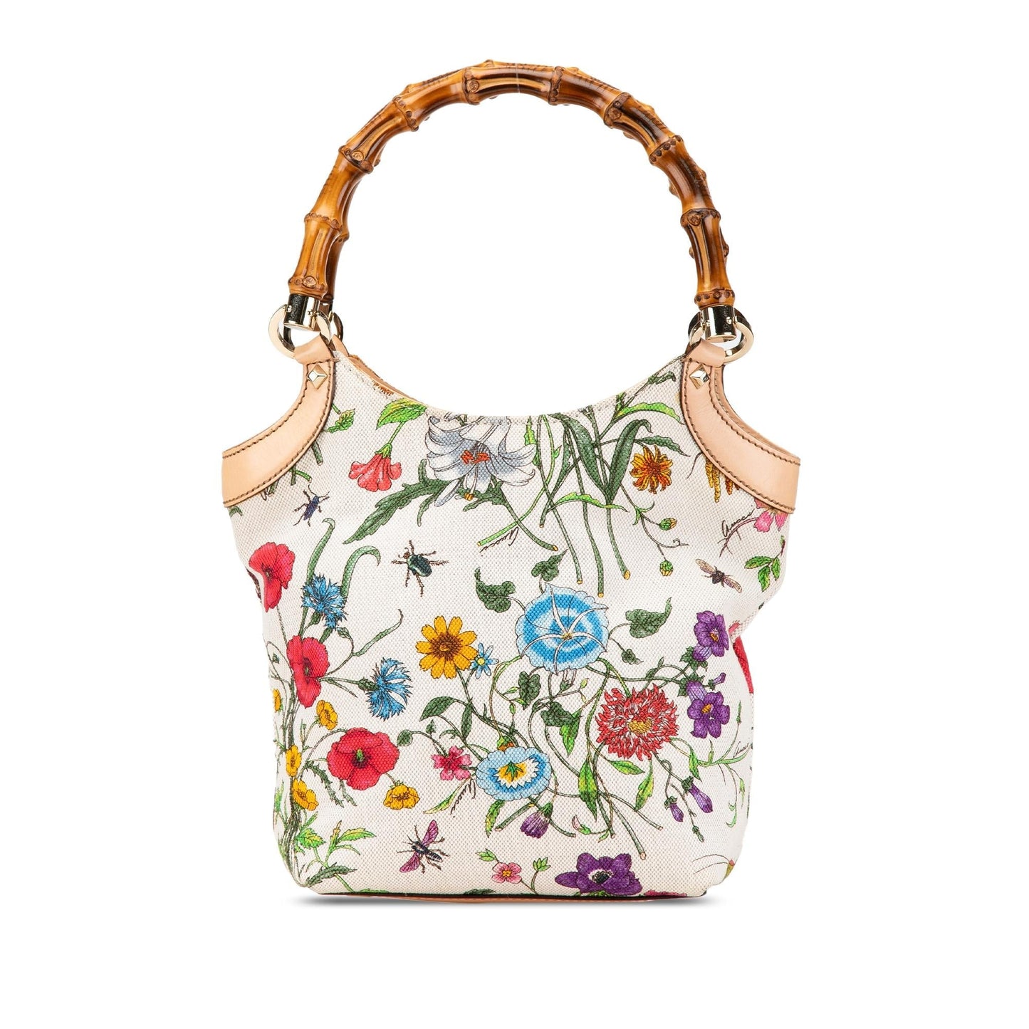 Gucci Bamboo Flora Canvas White Satchel Bag