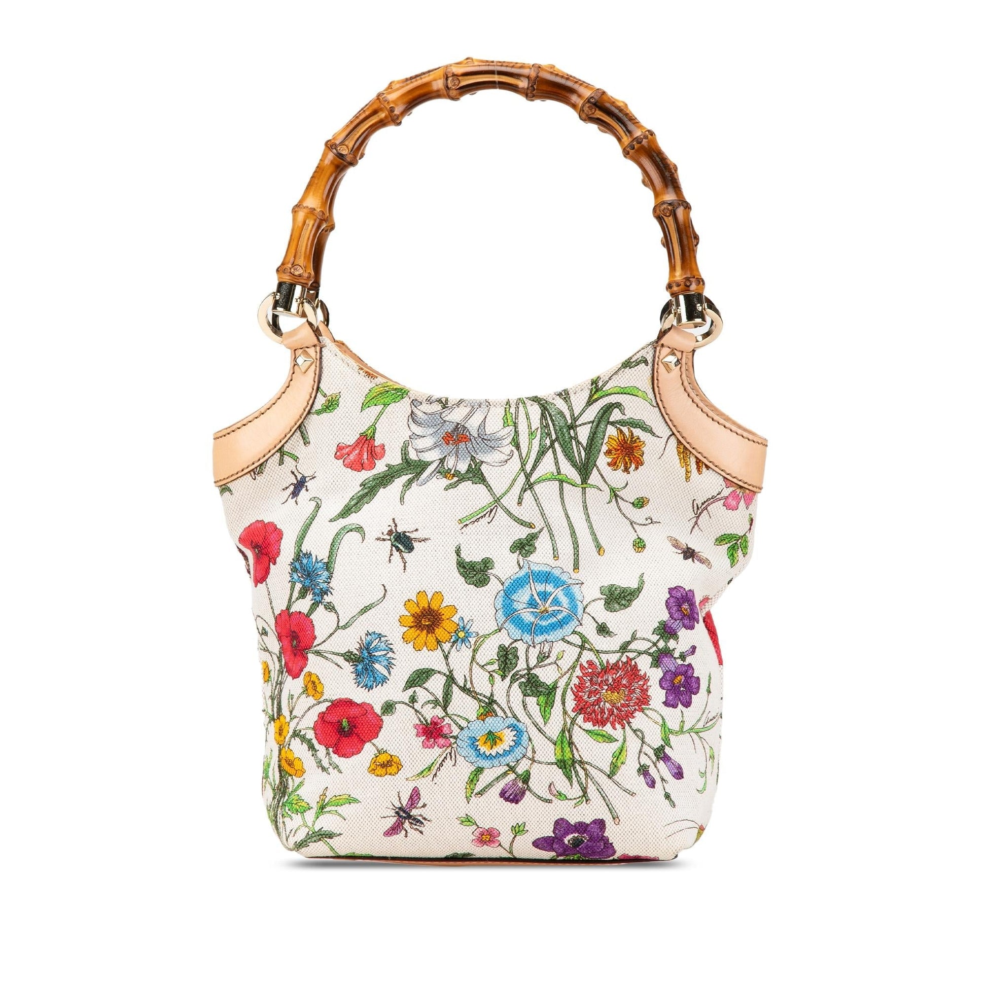 Gucci Bamboo Flora Canvas White Satchel Bag