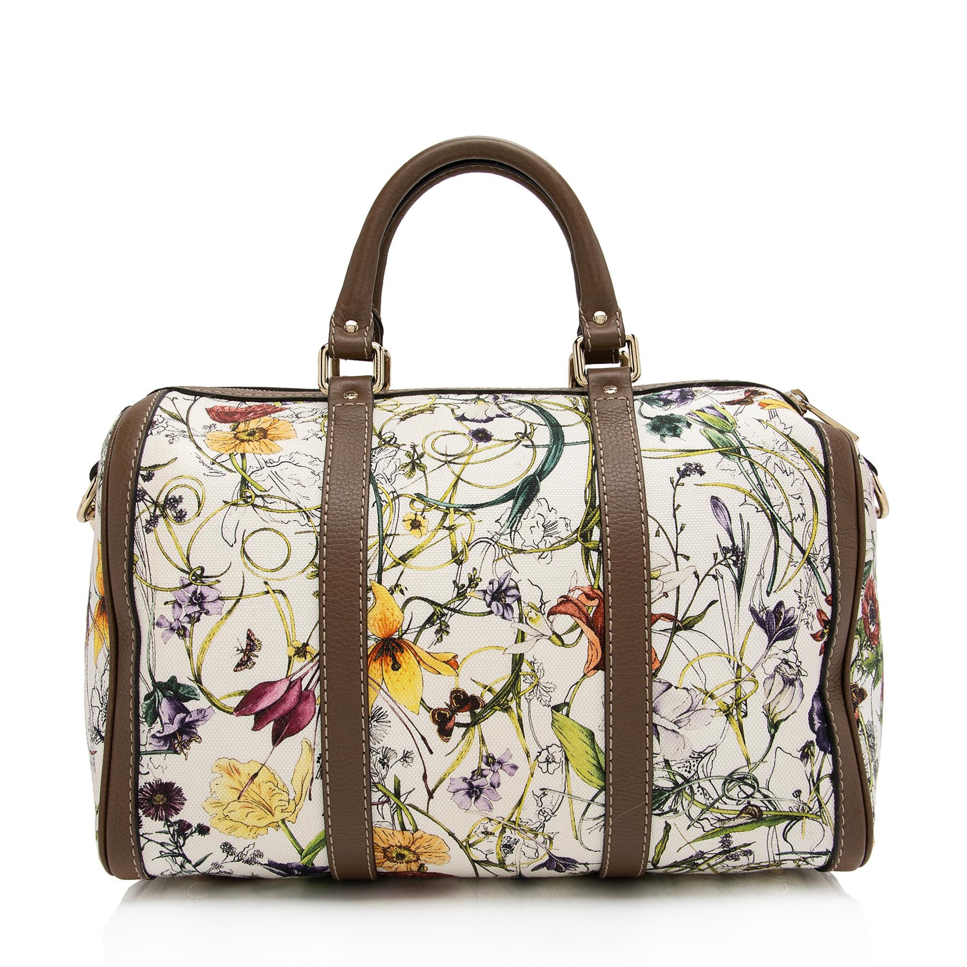 Gucci Flora Joy Convertible Boston SHF-FIW9Ce Leather Canvas White Brown Satchel Bag