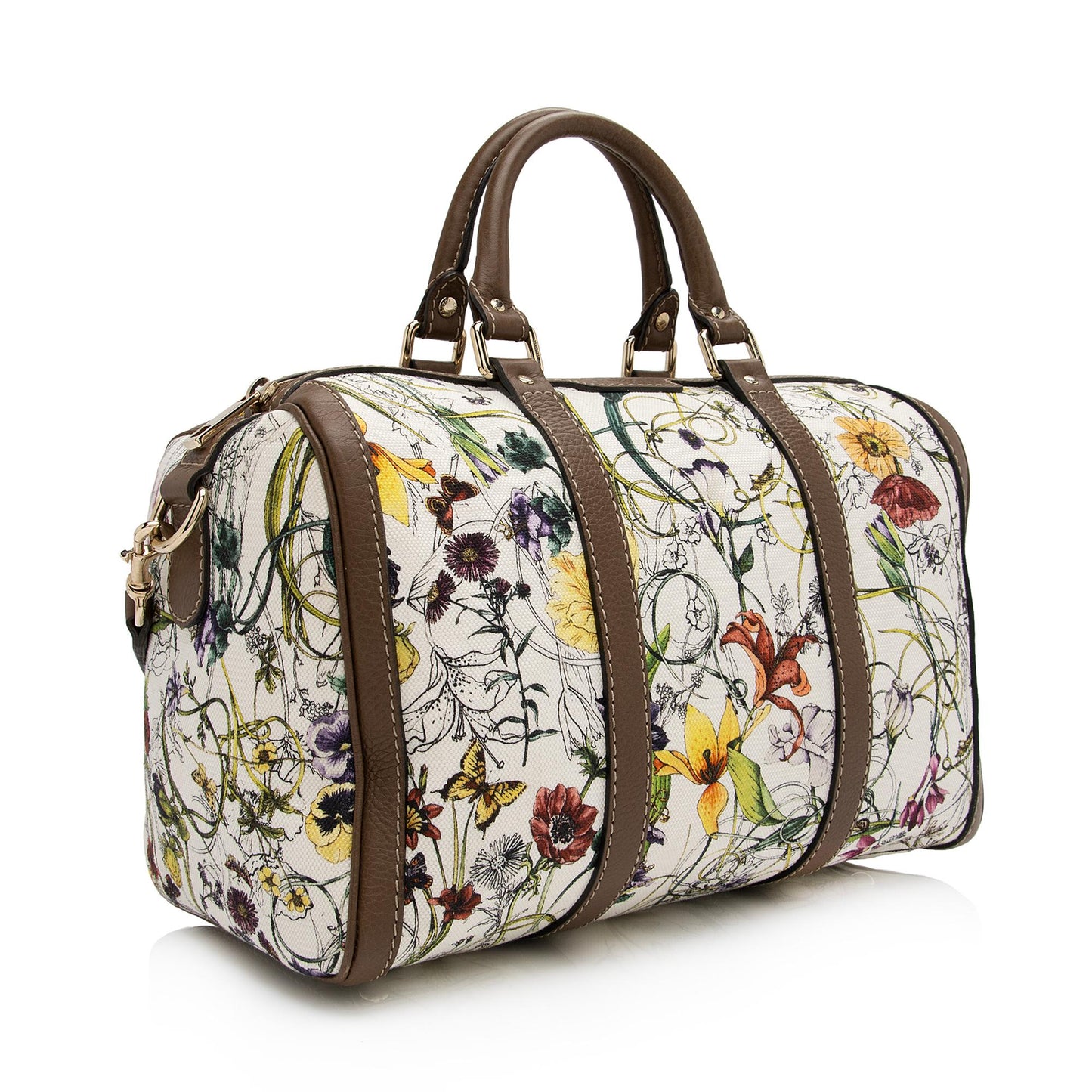 Gucci Flora Joy Convertible Boston SHF-FIW9Ce Leather Canvas White Brown Satchel Bag