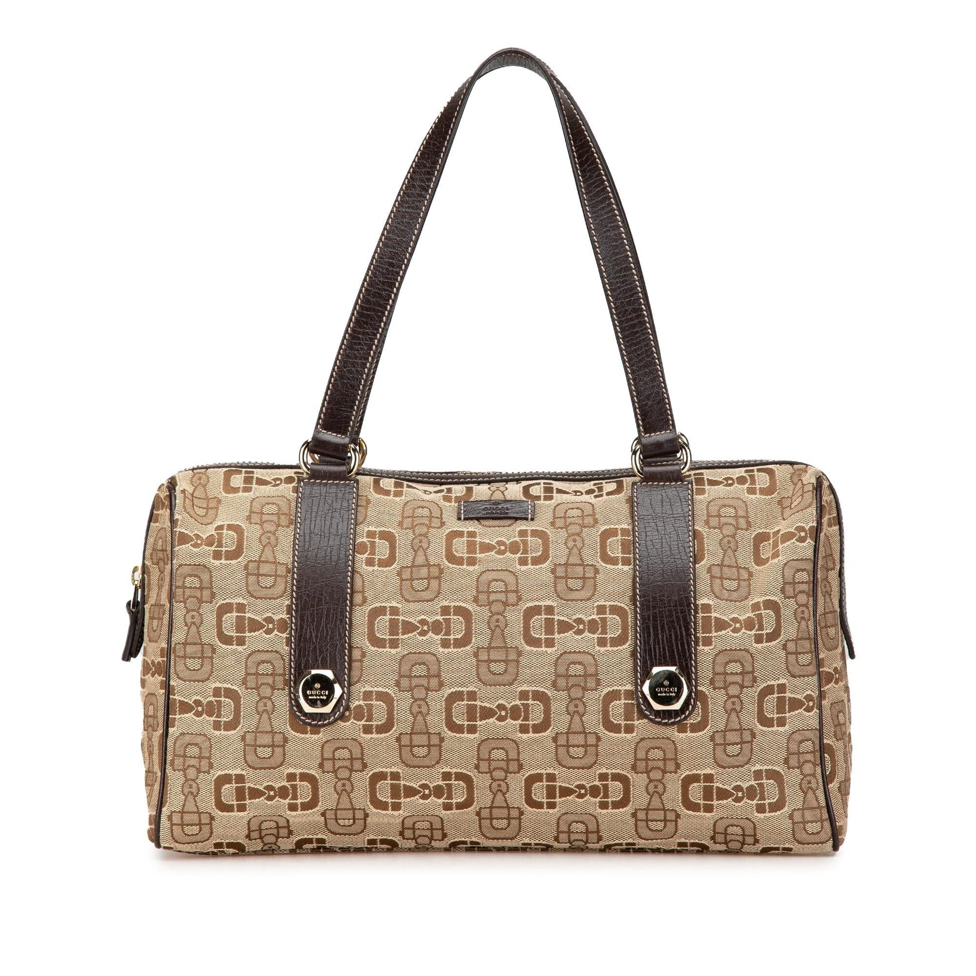 Gucci Horsebit Charmy Boston Canvas Calf Brown Satchel Bag Boston Bag