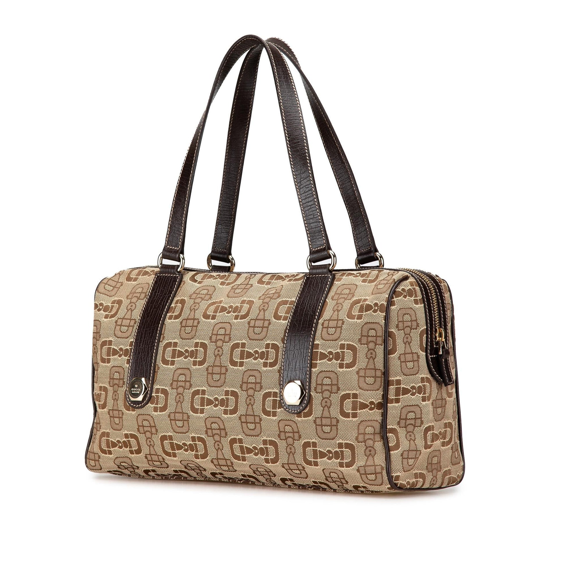 Gucci Horsebit Charmy Boston Canvas Calf Brown Satchel Bag Boston Bag