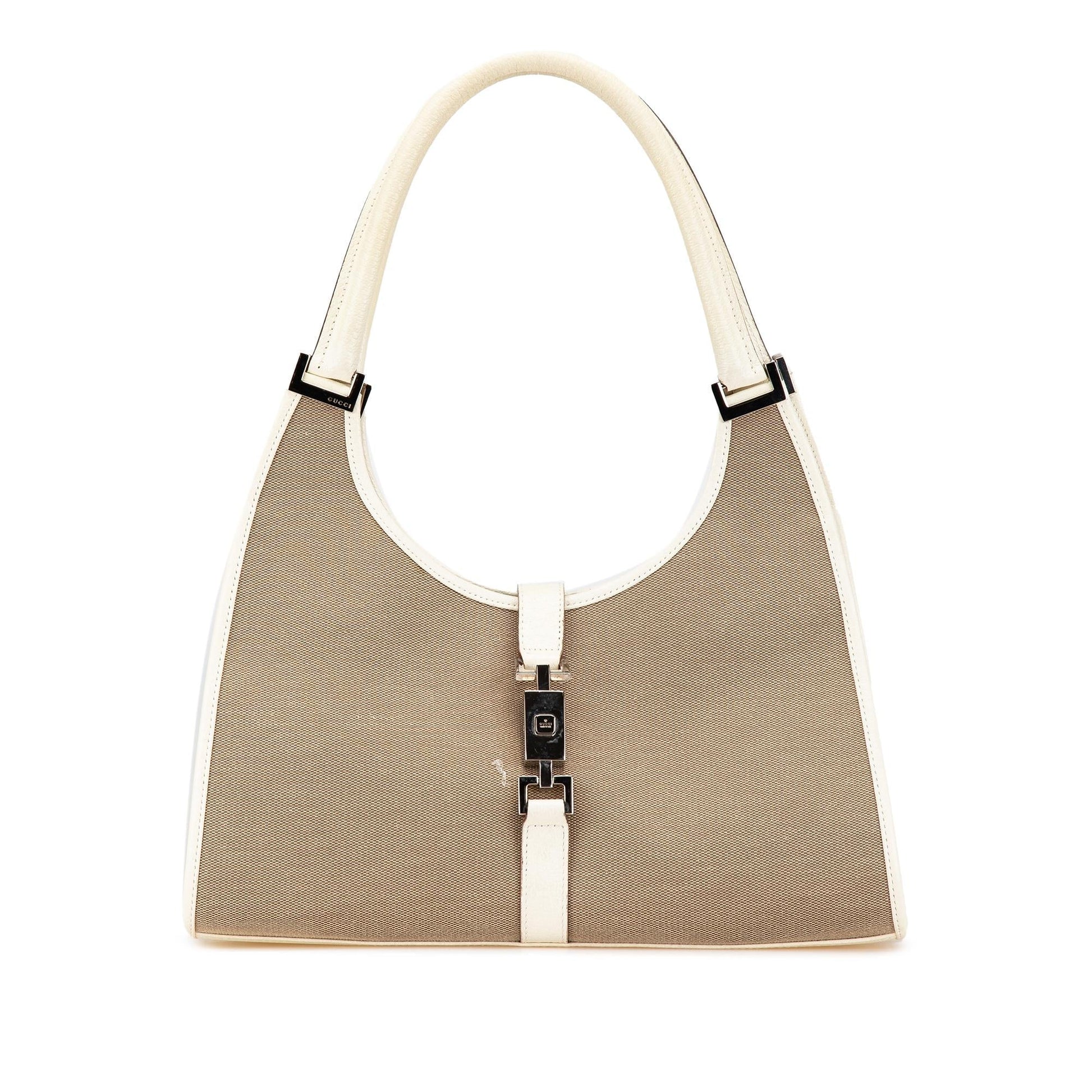Gucci Jackie Bardot Canvas Calf White Brown Shoulder Bag
