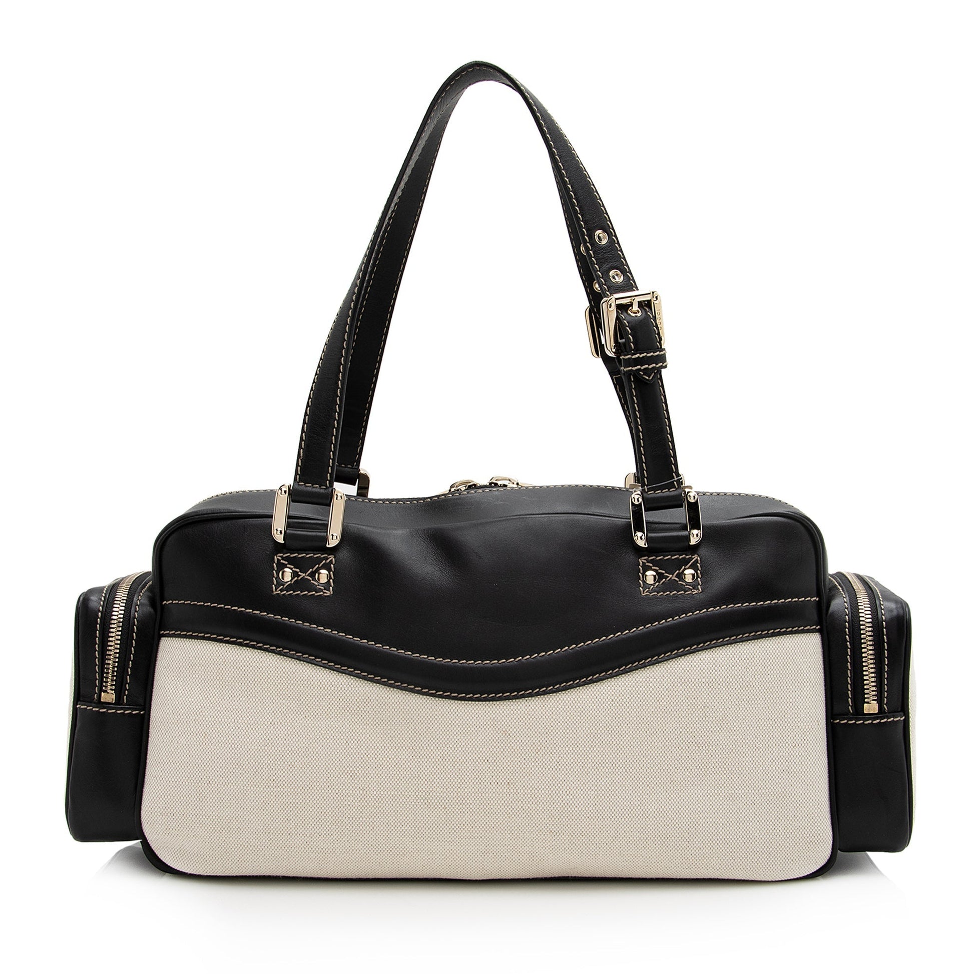 Gucci East West Multi-Pocket SHF Leather Canvas Black Beige Satchel Bag