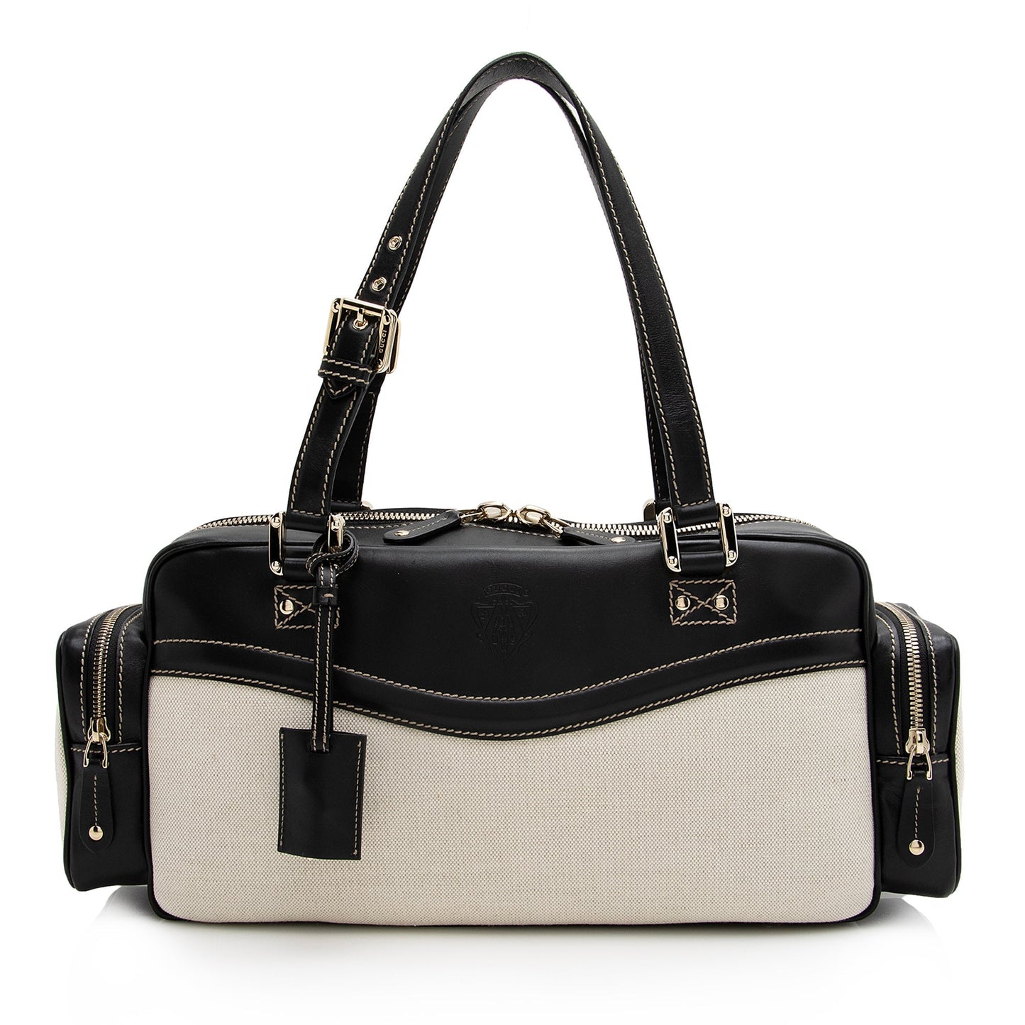 Gucci East West Multi-Pocket SHF Leather Canvas Black Beige Satchel Bag