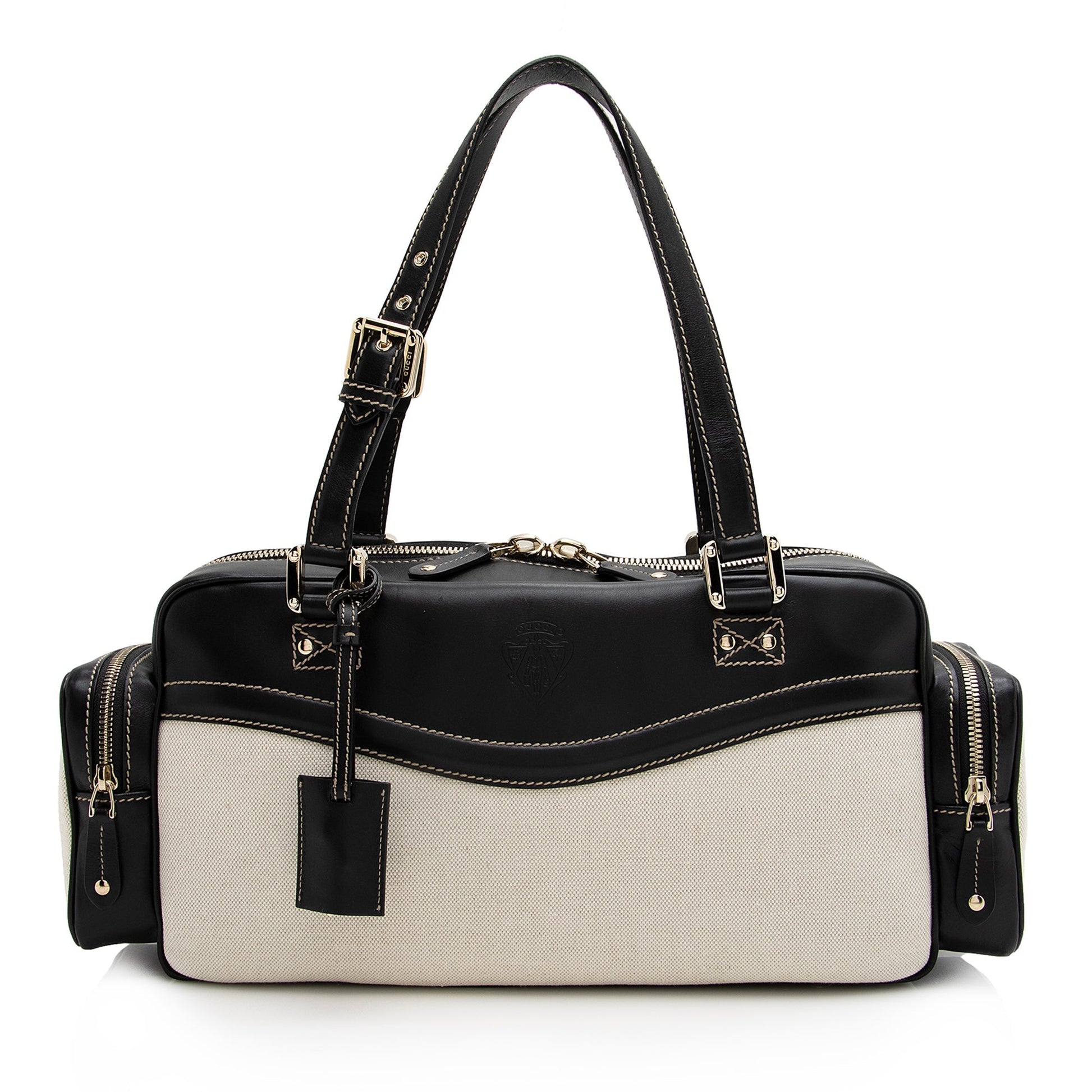 Gucci East West Multi-Pocket SHF Leather Canvas Black Beige Satchel Bag