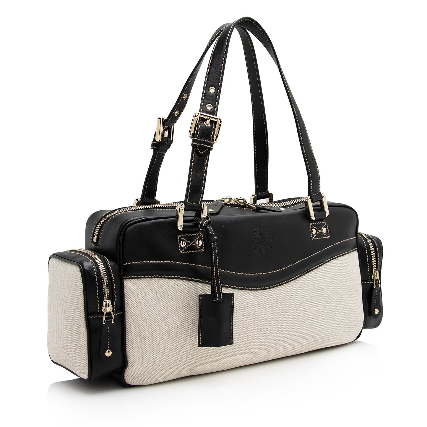 Gucci East West Multi-Pocket SHF Leather Canvas Black Beige Satchel Bag
