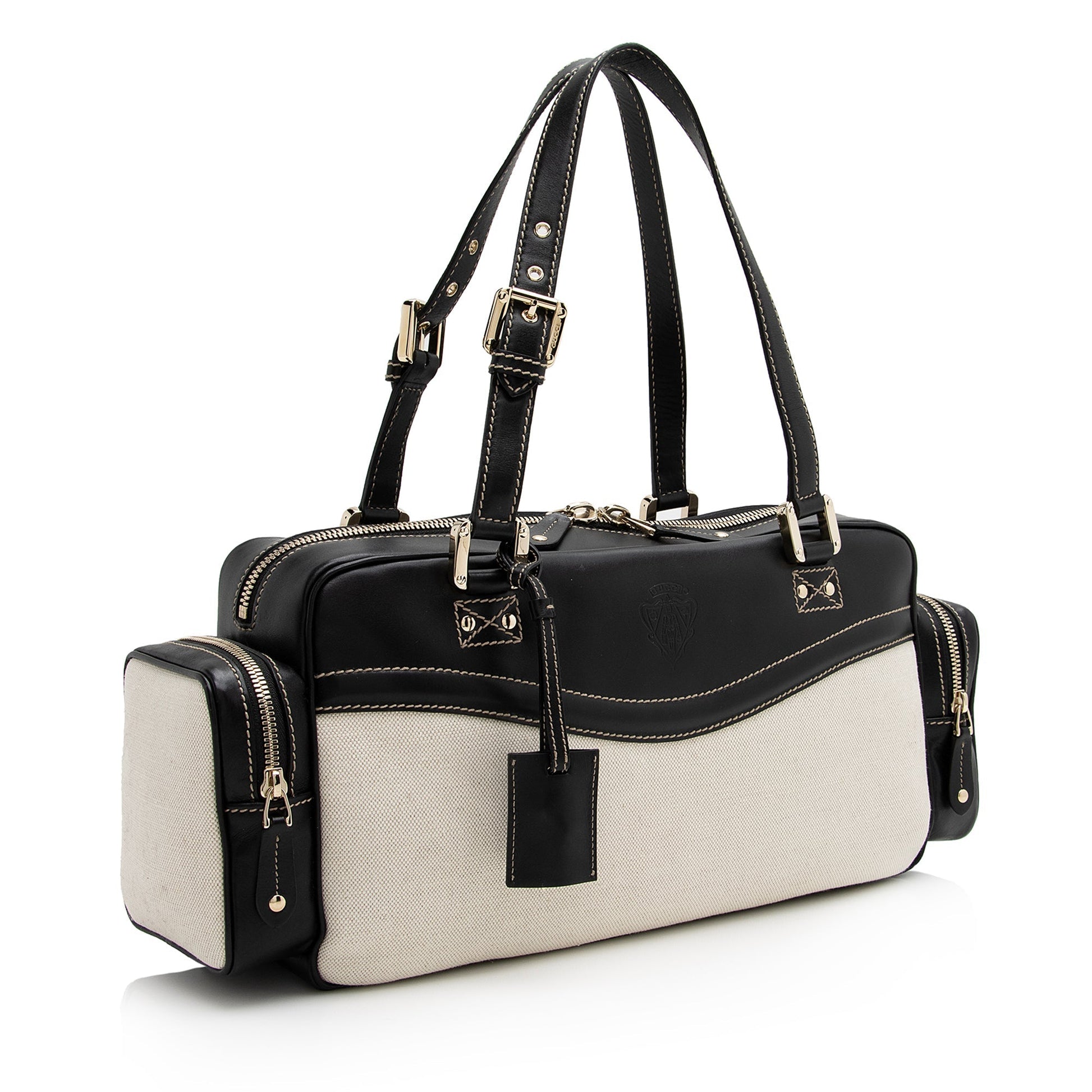 Gucci East West Multi-Pocket SHF Leather Canvas Black Beige Satchel Bag