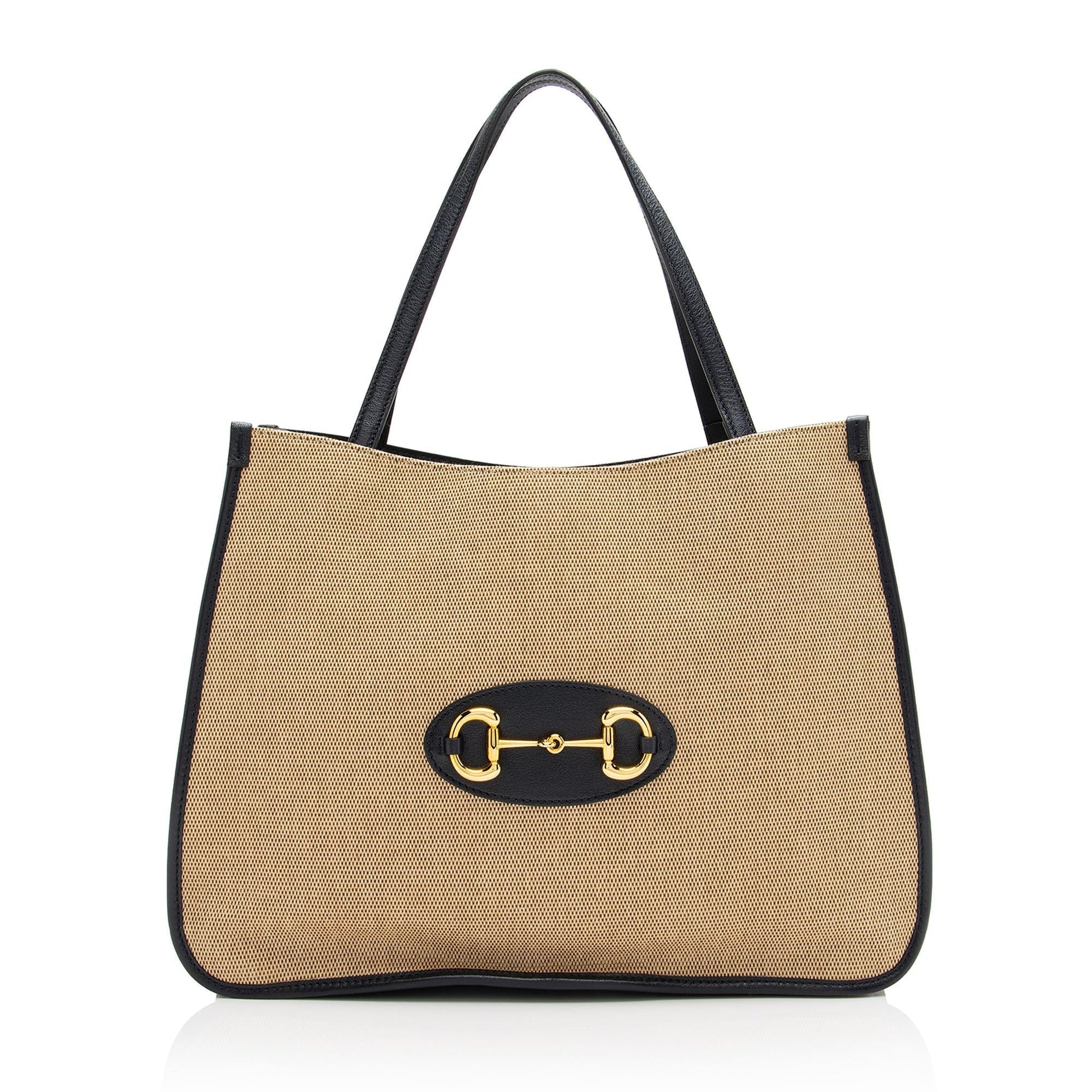 Gucci Horsebit SHF Leather Canvas Beige Blue Tote Bag