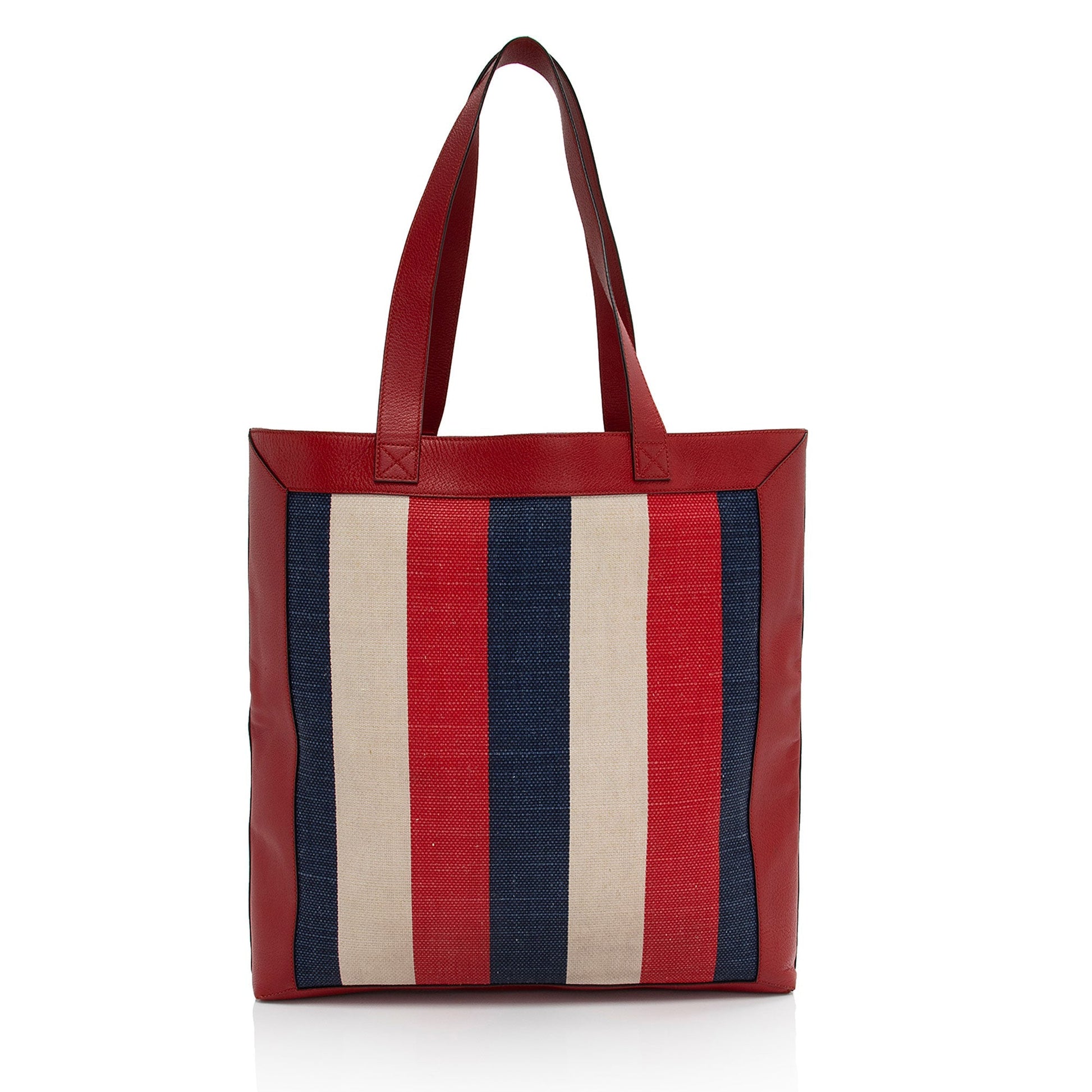 Gucci Sylvie Striped Logo SHF-S666dF Leather Canvas White Blue Tote Bag