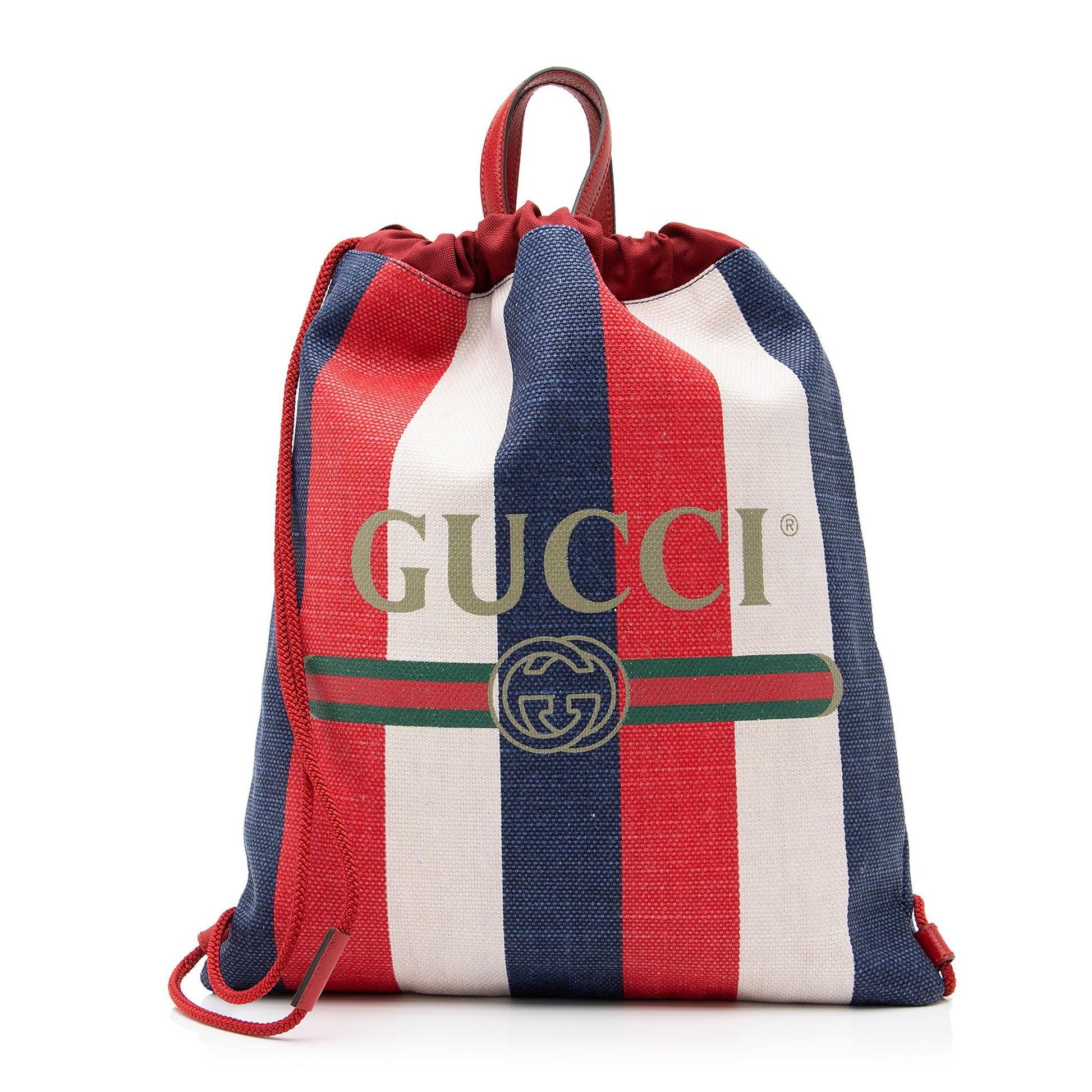Gucci Sylvie Stripe Logo Drawstring Backpack Leather Canvas Nylon White Jewelry Backpack Shf