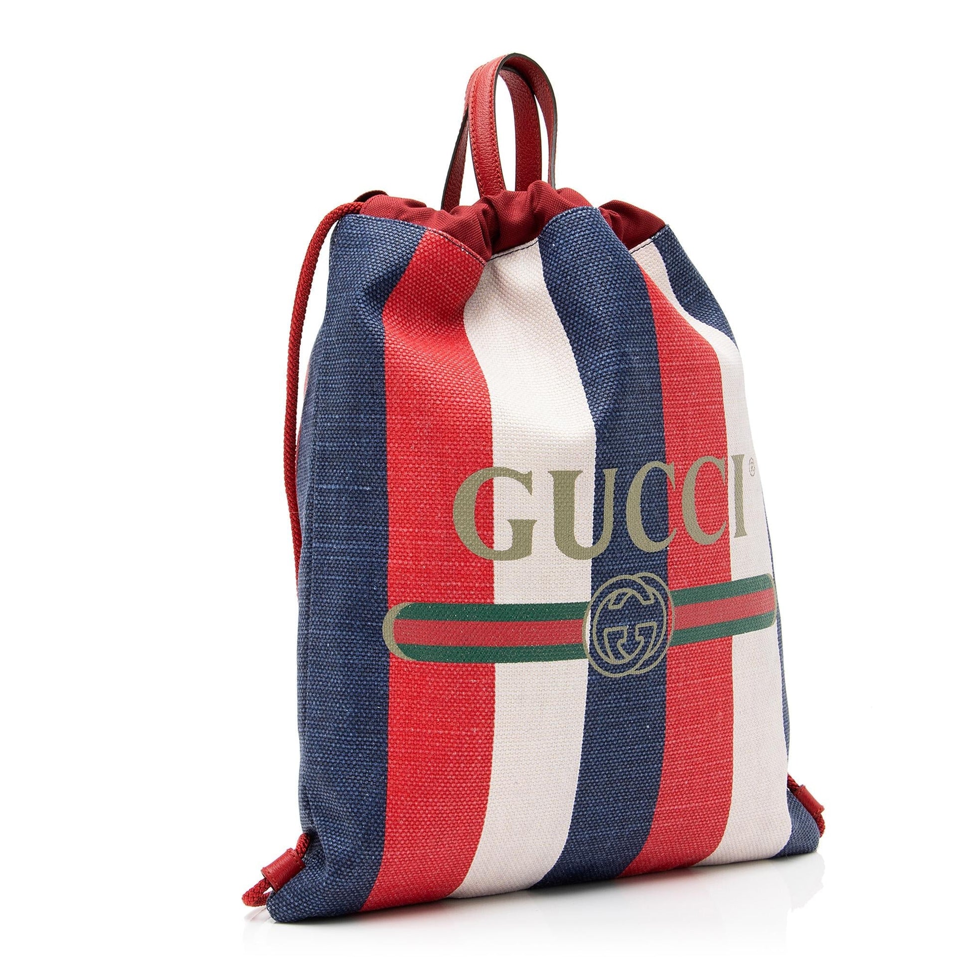 Gucci Sylvie Stripe Logo Drawstring Backpack Leather Canvas Nylon White Jewelry Backpack Shf