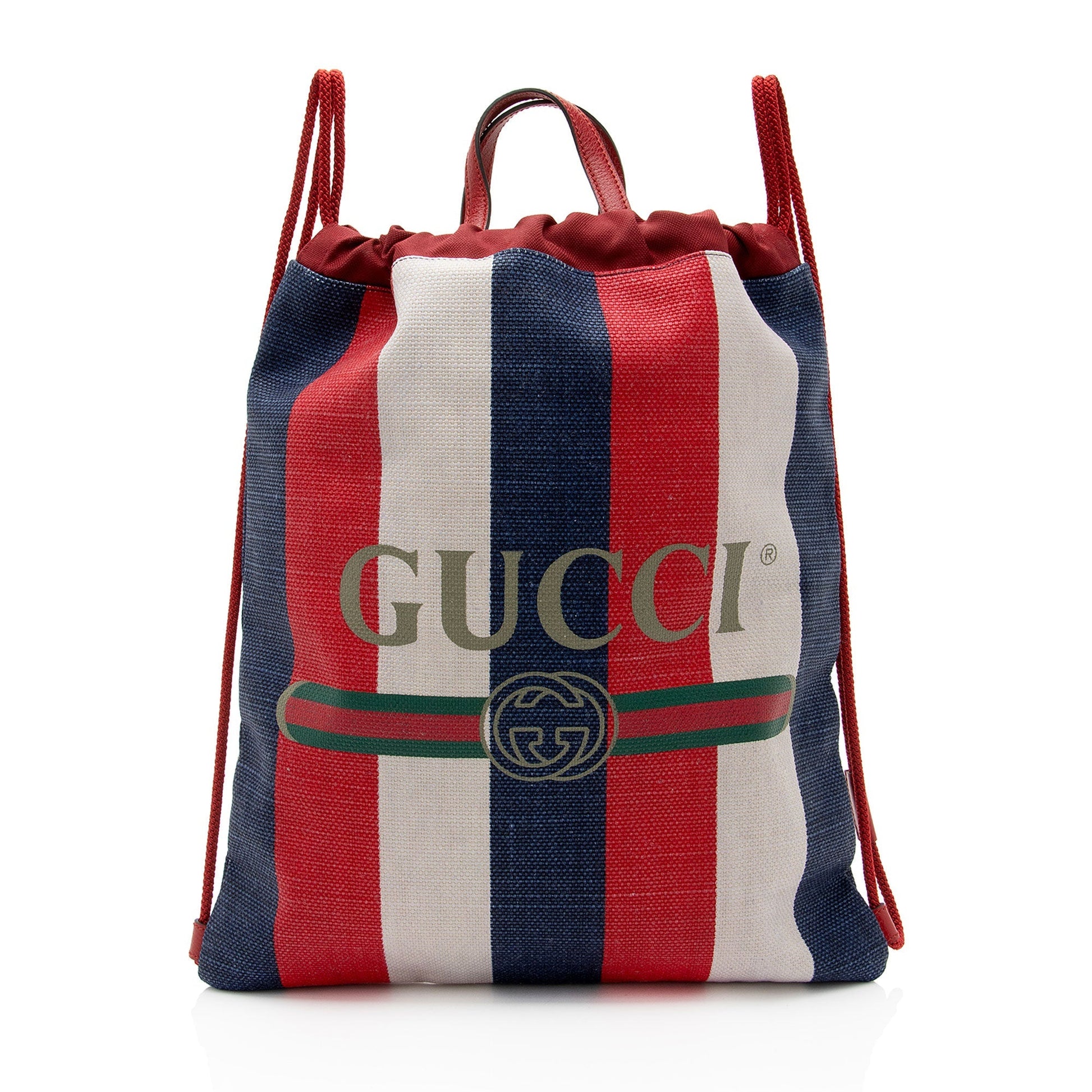 Gucci Sylvie Stripe Logo Drawstring Backpack Leather Canvas Nylon White Jewelry