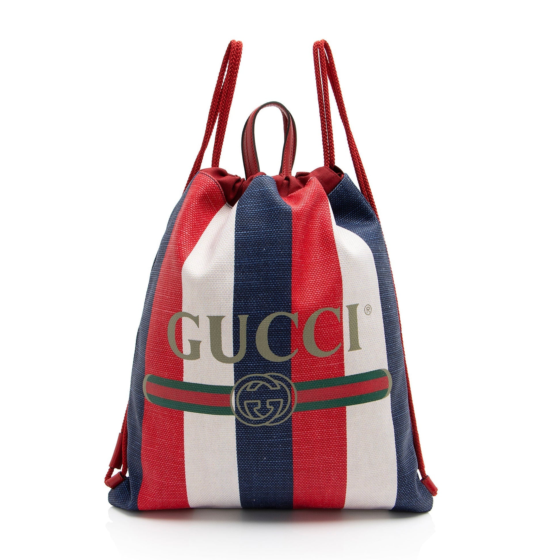 Gucci Sylvie Stripe Logo Drawstring Backpack Leather Canvas Nylon White Jewelry Shf 1Hsgw6