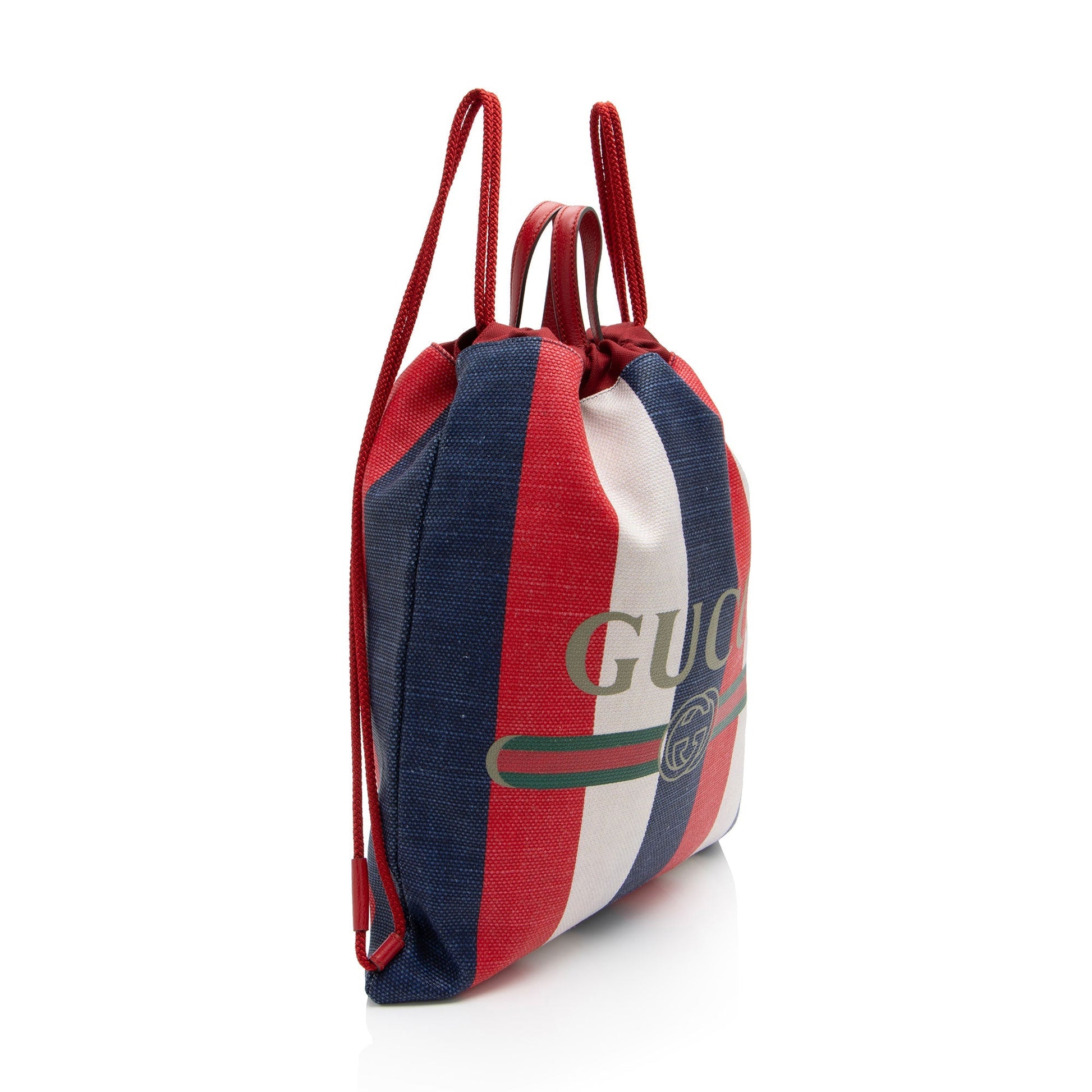 Gucci Sylvie Stripe Logo Drawstring Backpack Leather Canvas Nylon White Jewelry Shf 1Hsgw6