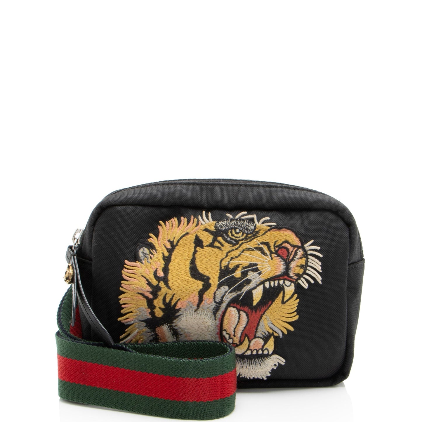 Gucci Tiger Embroidered Web Messenger Leather Canvas Nylon Black Shoulder Bag Shf Hlavnp