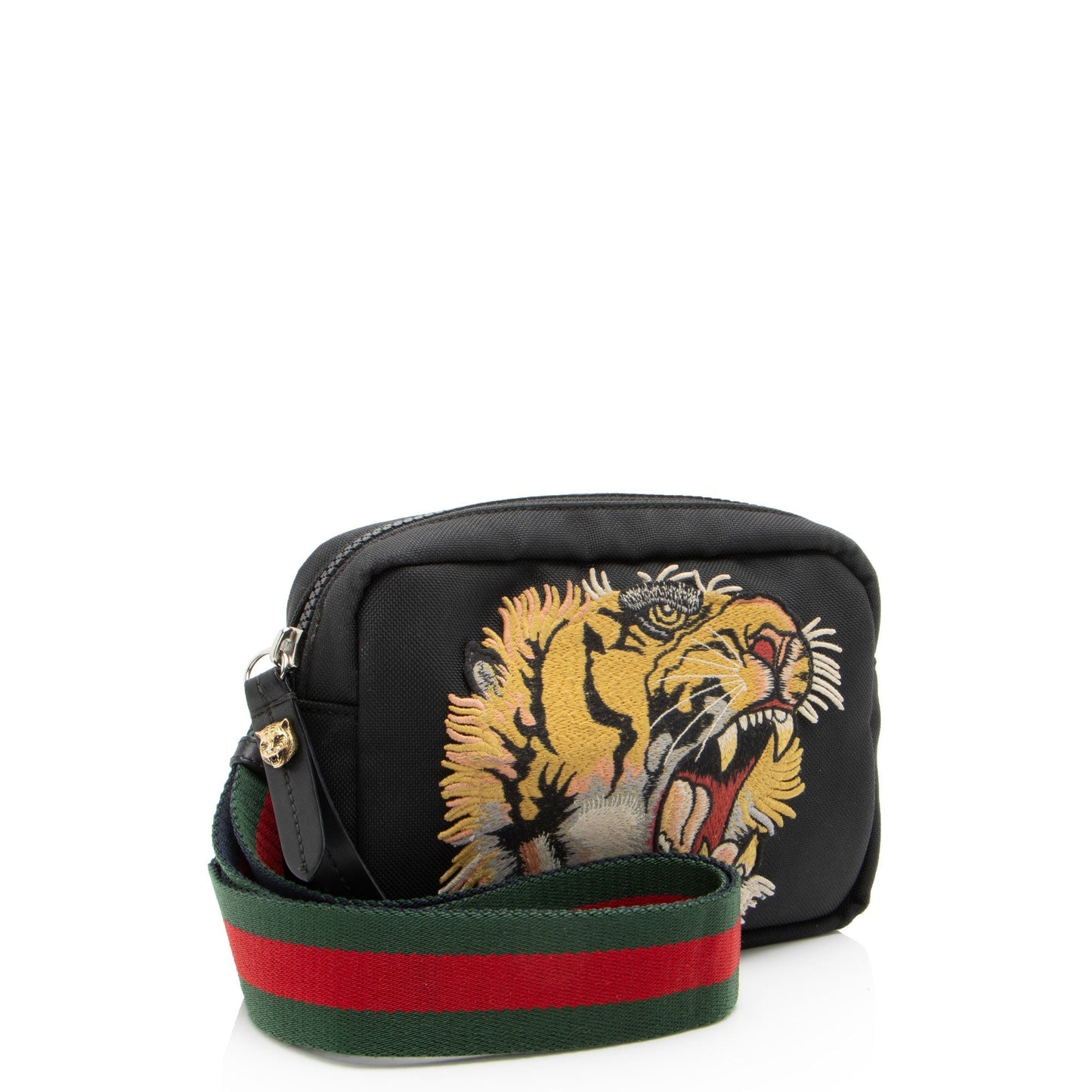 Gucci Tiger Embroidered Web Messenger Leather Canvas Nylon Black Shoulder Bag Shf Hlavnp