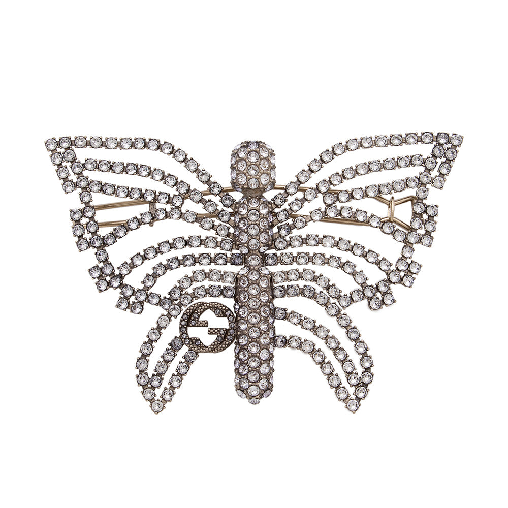 Gucci Crystal Butterfly Interlocking GG Hair Silver Handbag Clip Shf