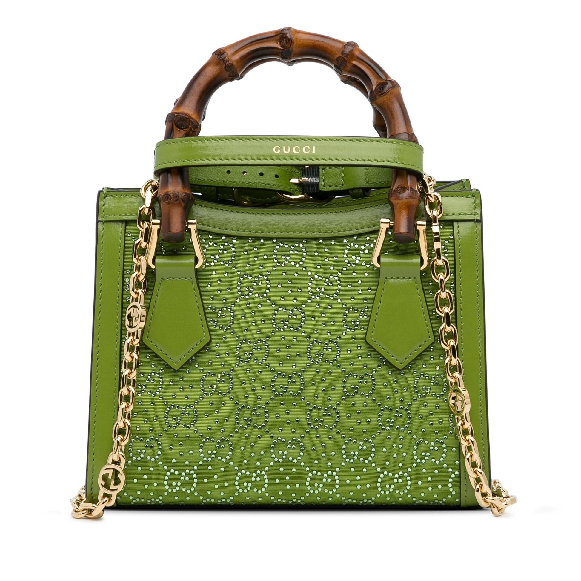 Gucci Crystal Embellished GG Diana SHG-wT7IXI Canvas Calf Green Mini Satchel Bag