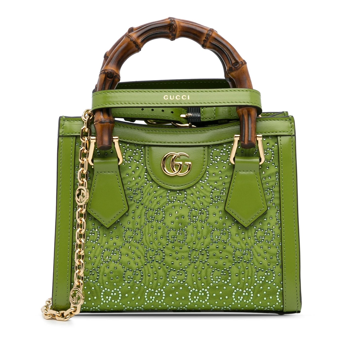 Gucci Crystal Embellished GG Diana SHG-wT7IXI Canvas Calf Green Mini Satchel Bag