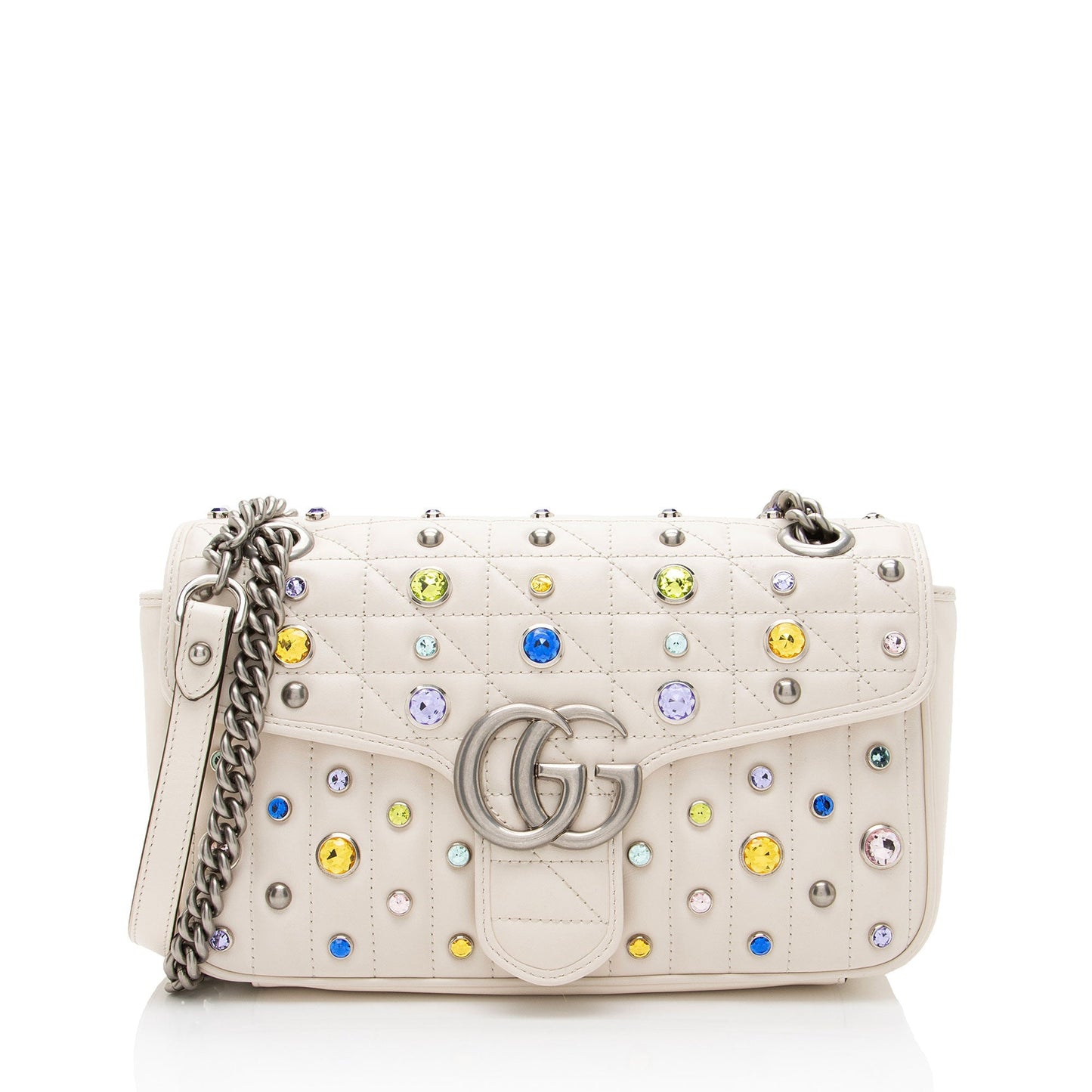 Gucci Crystal Embellished GG Marmont Flap Matelasse Leather White Small Crossbody Bag