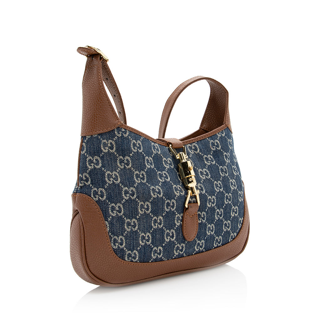 Gucci GG Jackie SHF Leather Denim Brown Blue Crossbody Bag