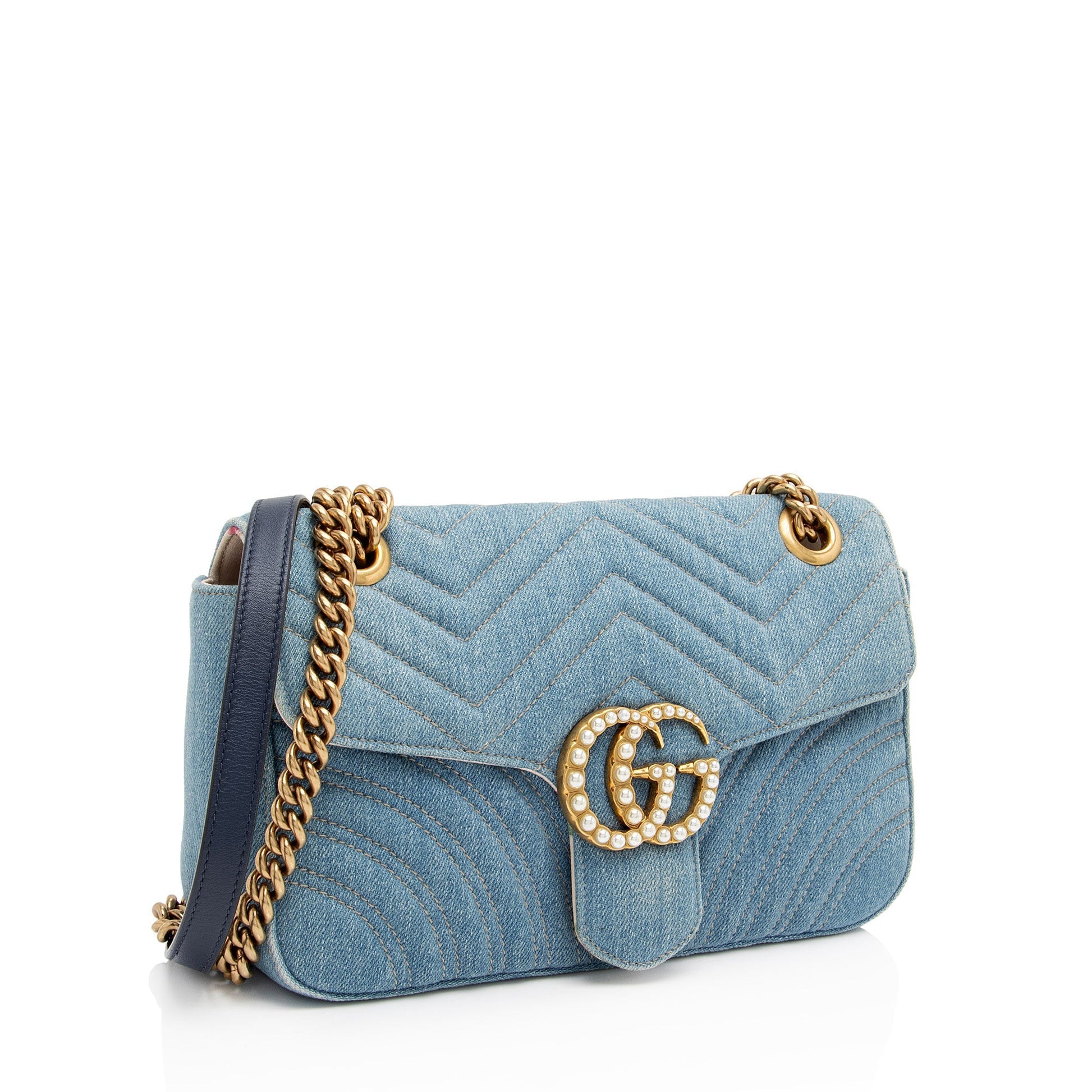 Gucci Pearl GG Marmont Flap SHF-JQgdk7 Matelasse Leather Denim Blue Crossbody Bag