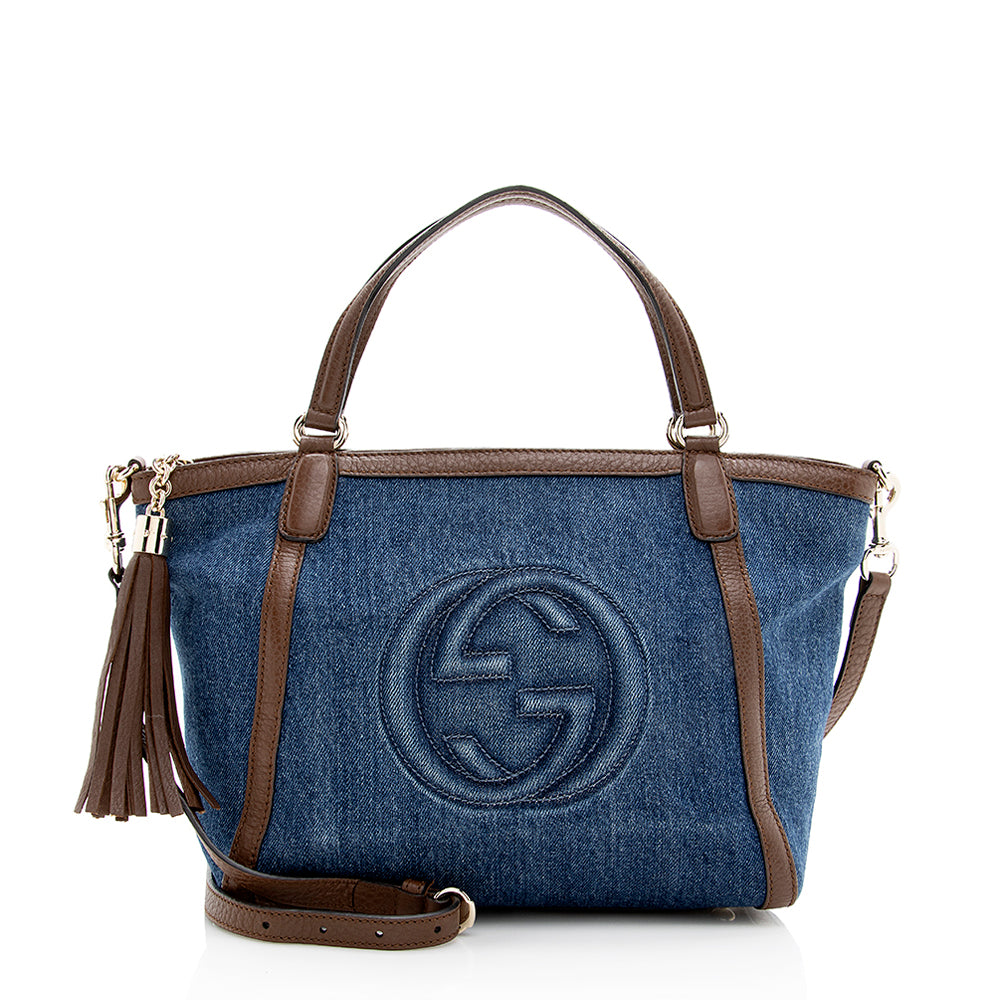 Gucci Soho Top Handle SHF Leather Denim Brown Blue Tote Bag