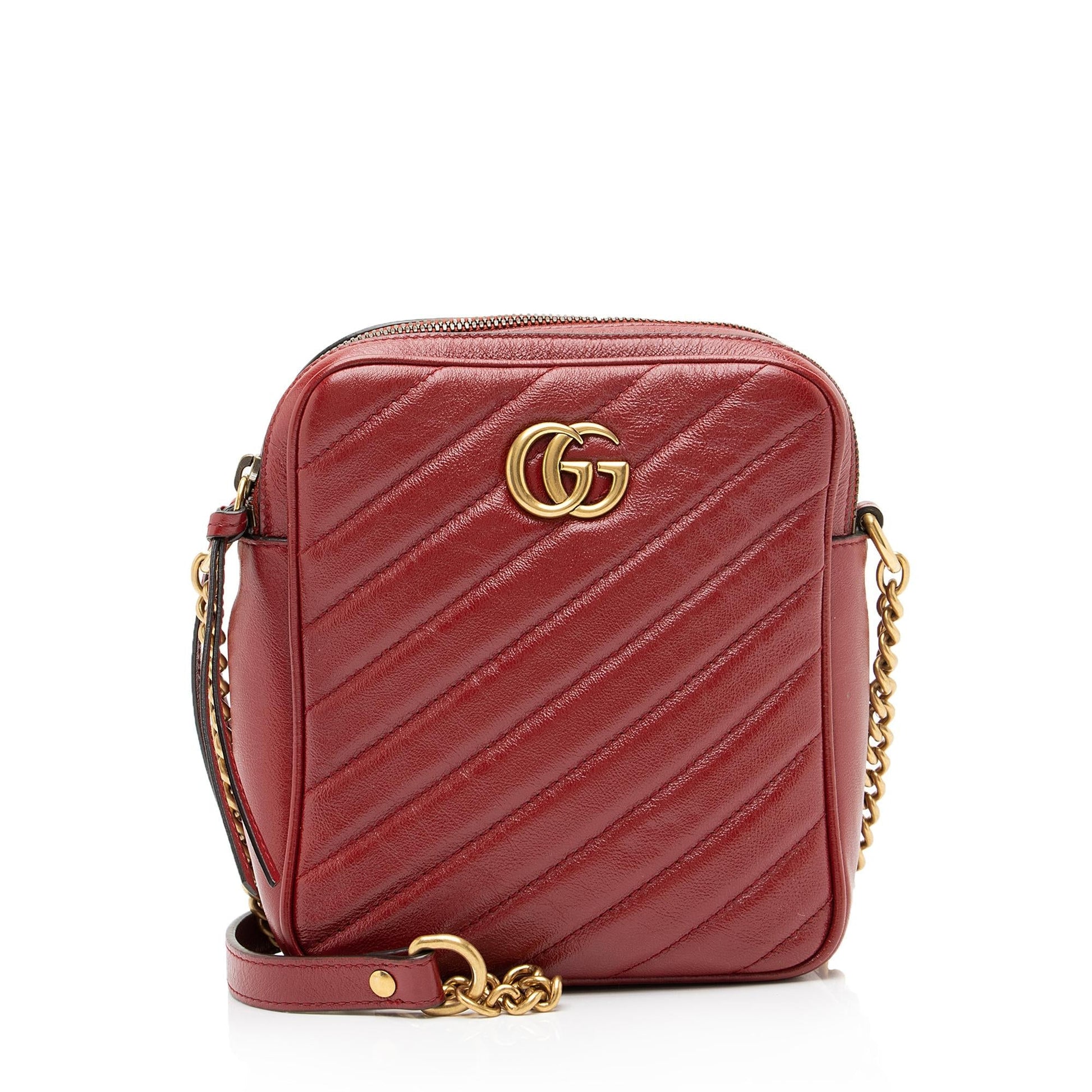 Gucci Diagonal GG Marmont Double Zip Matelasse Leather Red Mini Crossbody Bag