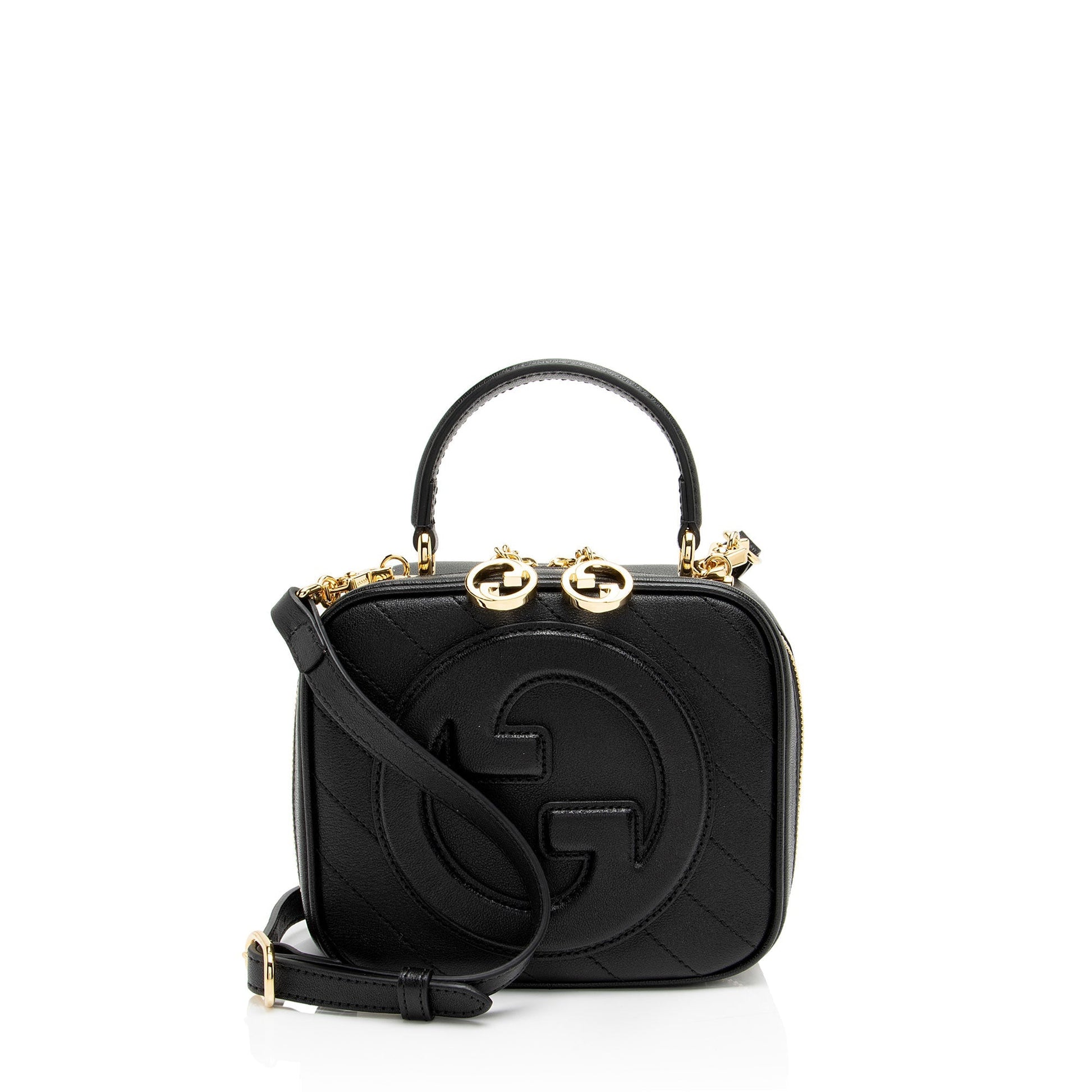 Gucci Diagonal Stitched Blondie Calfskin Black Top Handle Satchel Bag