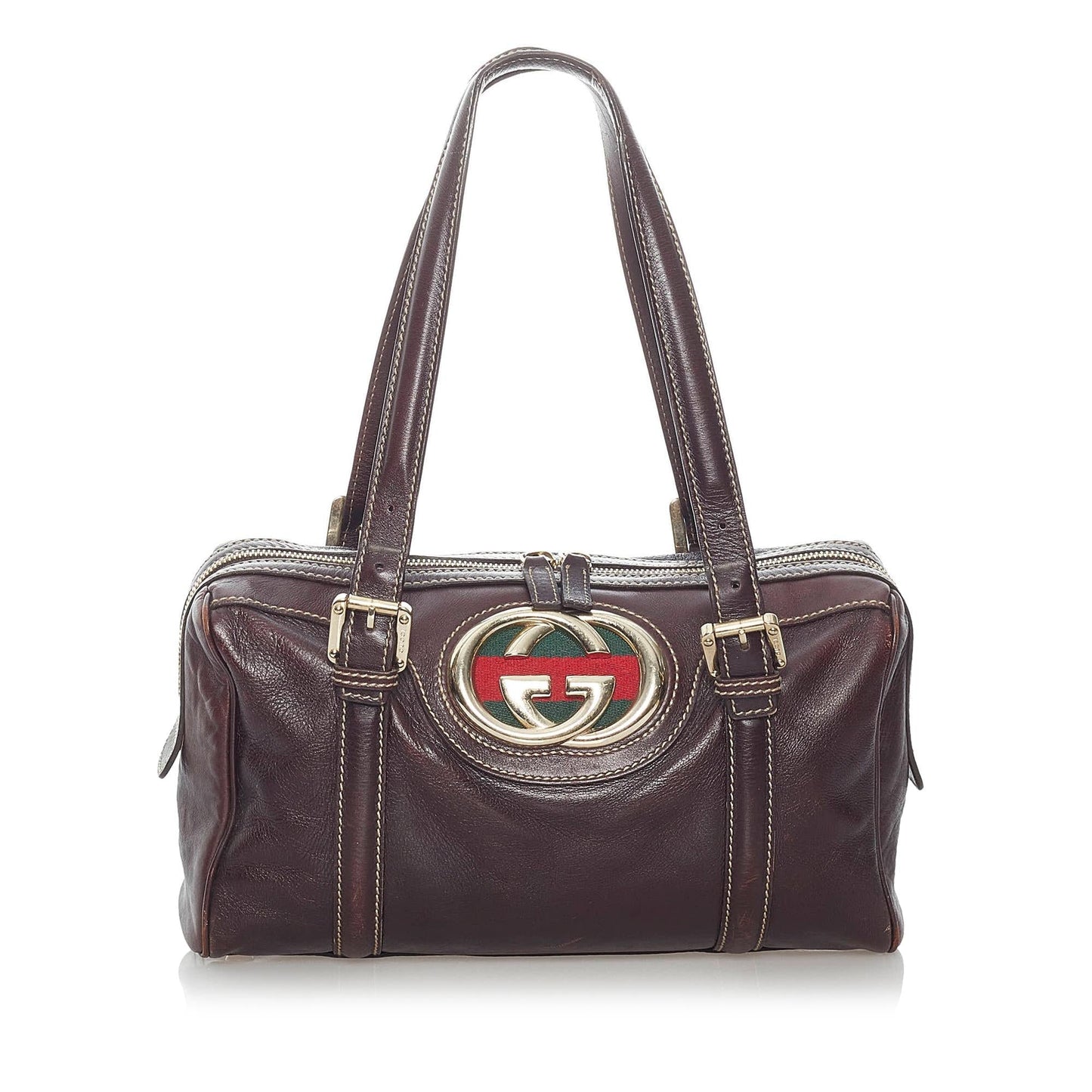 Gucci Dialux Britt Boston SHG Leather Canvas Patent Brown Satchel Bag