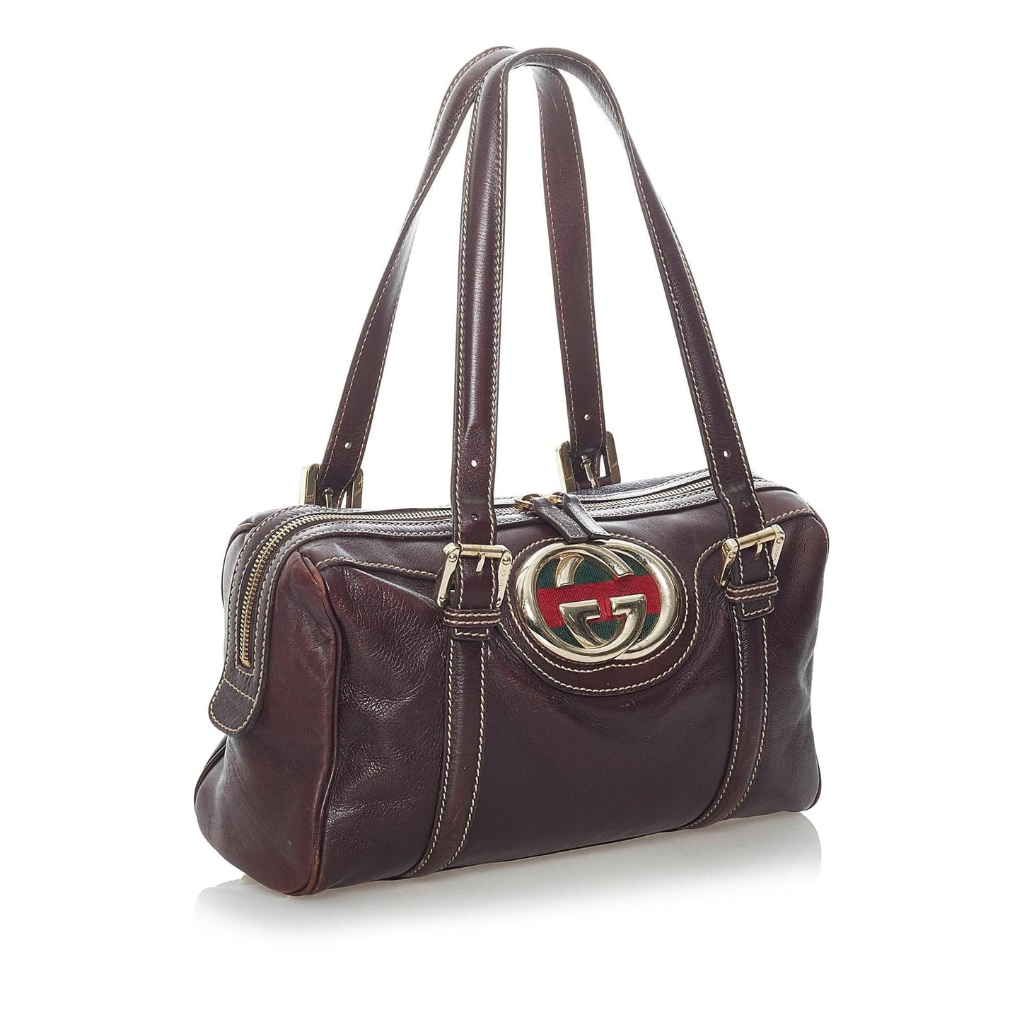 Gucci Dialux Britt Boston SHG Leather Canvas Patent Brown Satchel Bag